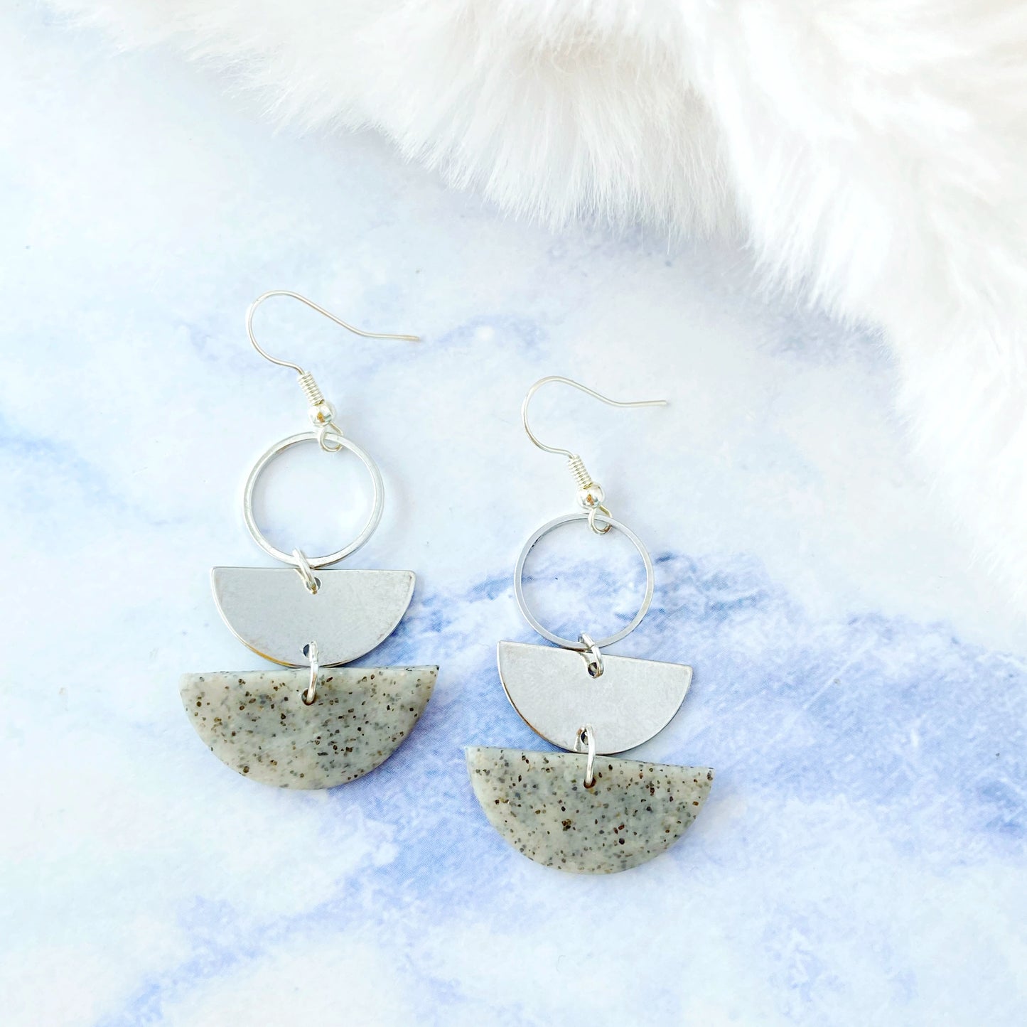 Silver Grey Stone Polymer Clay Layered Semi-Circle Dangle Earrings