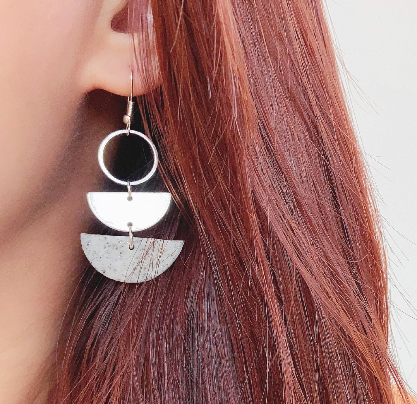 Silver Grey Stone Polymer Clay Layered Semi-Circle Dangle Earrings