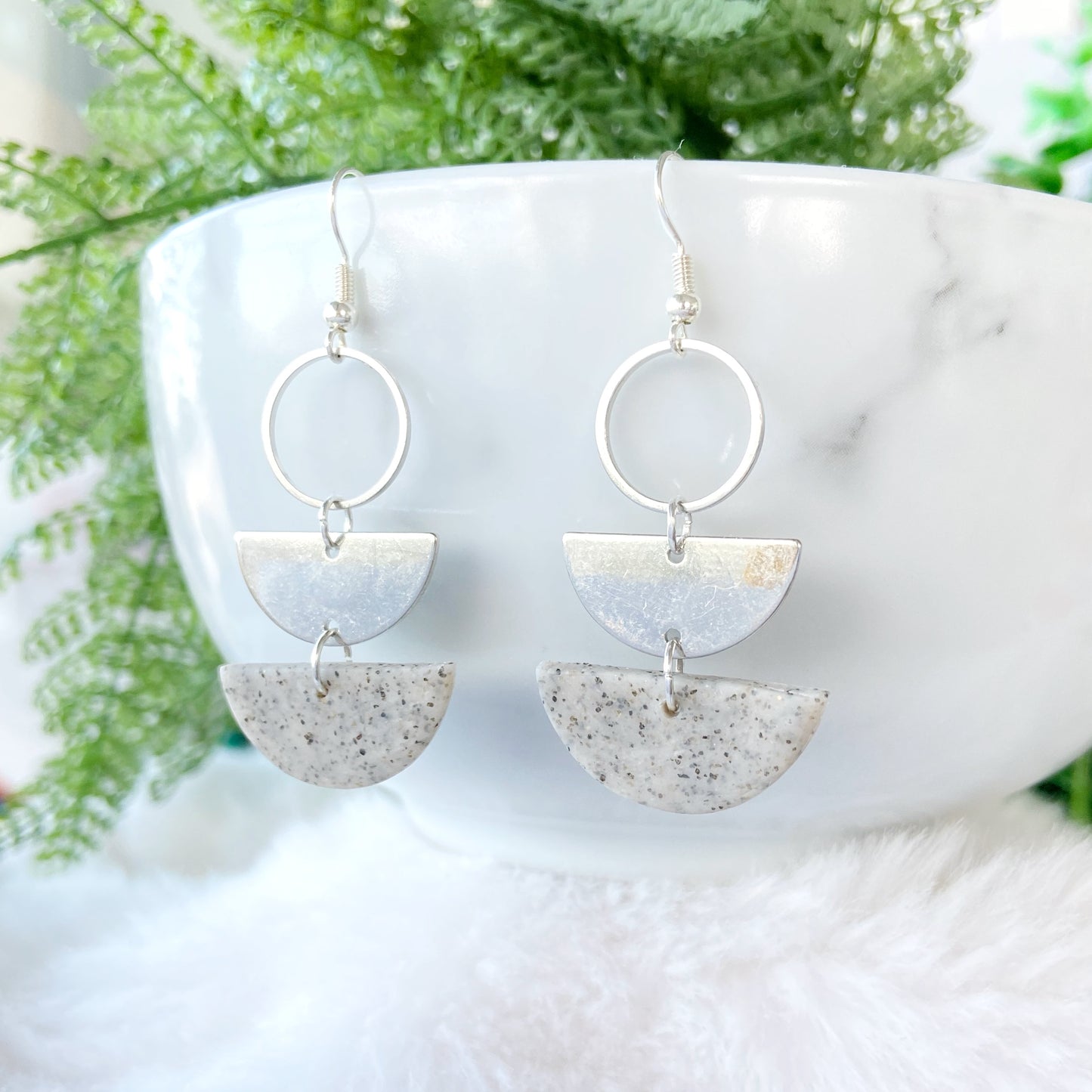 Silver Grey Stone Polymer Clay Layered Semi-Circle Dangle Earrings