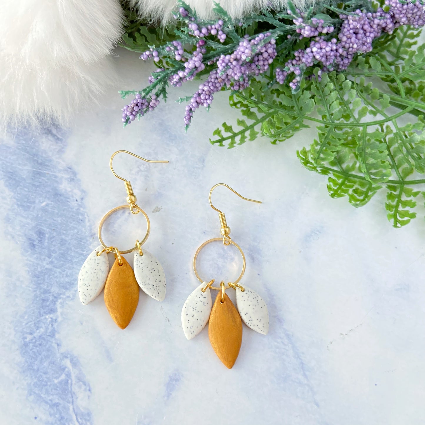 Handmade Gold Triple Leaf Polymer Clay Dangle Earrings