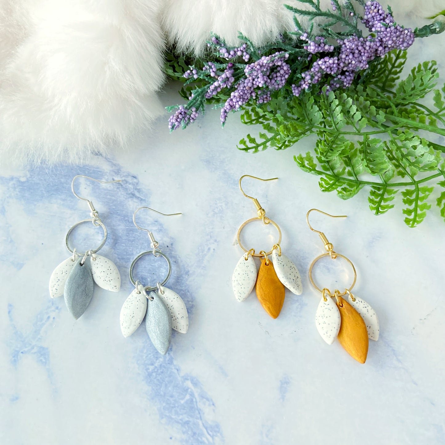 Handmade Gold Triple Leaf Polymer Clay Dangle Earrings