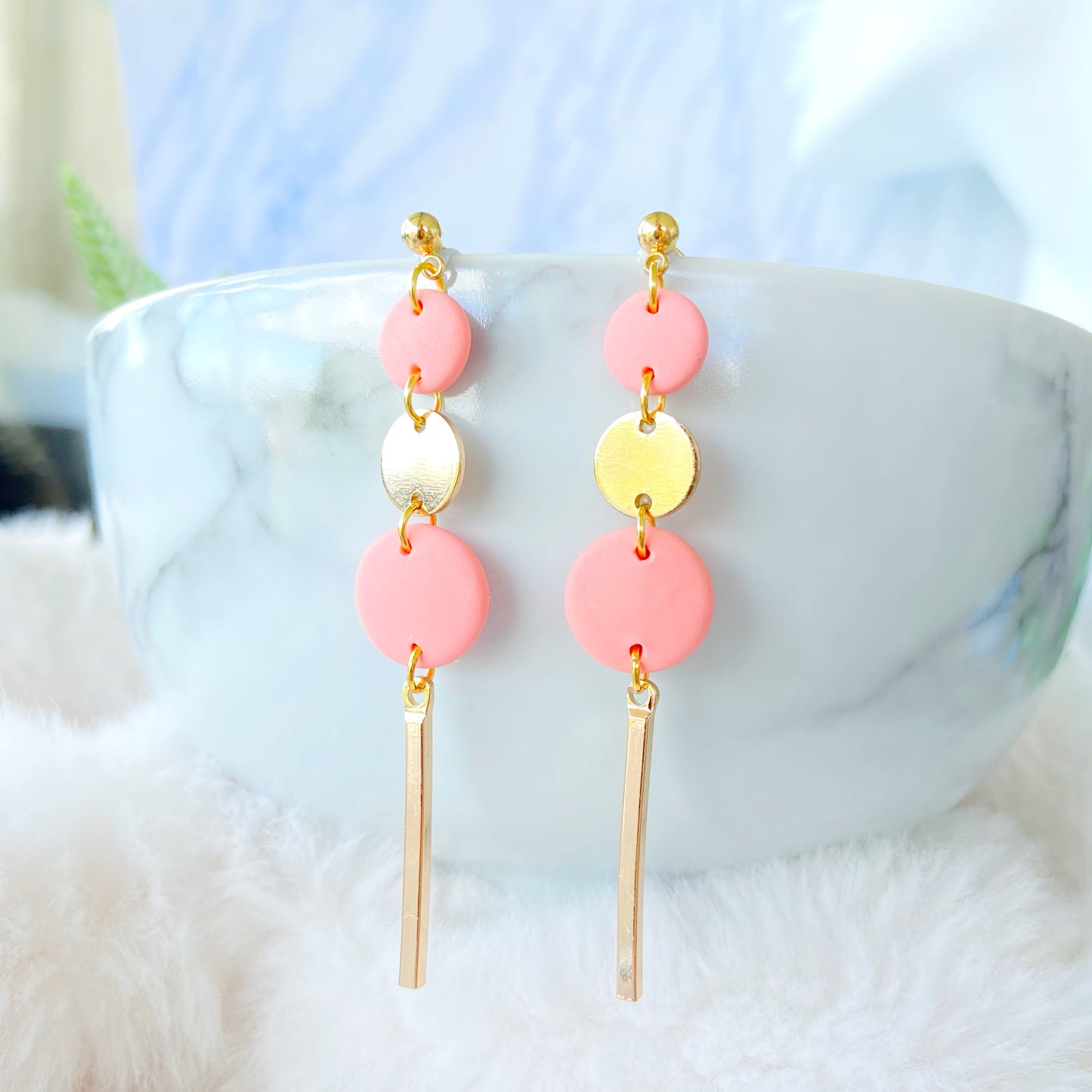 Silver and White Stone Triple Circle Bar Dangle Earrings