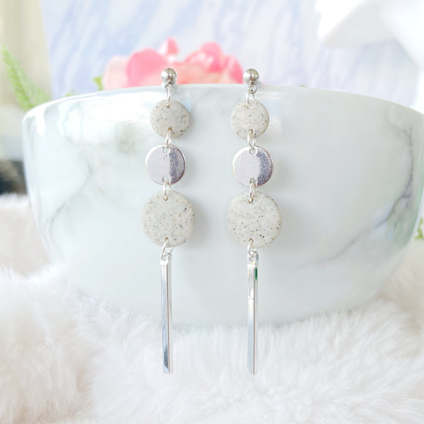 Silver and White Stone Triple Circle Bar Dangle Earrings