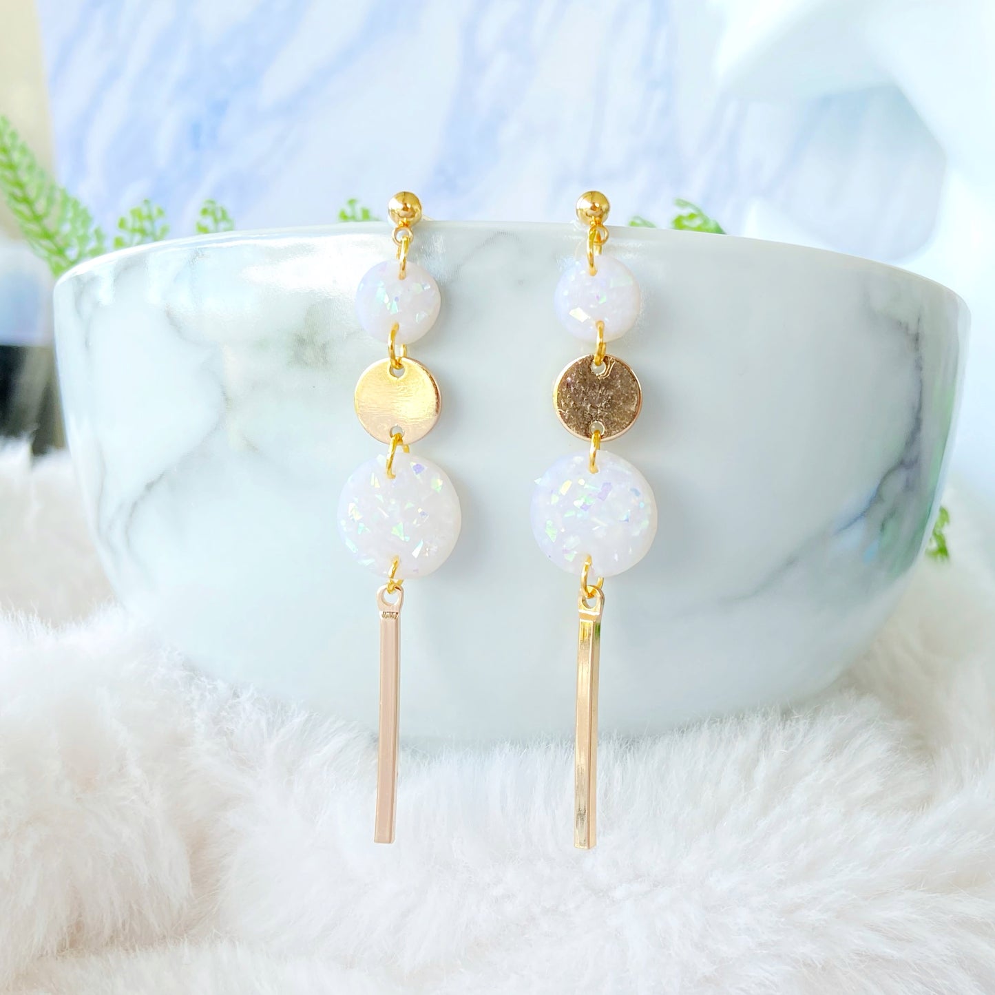 Silver and White Stone Triple Circle Bar Dangle Earrings