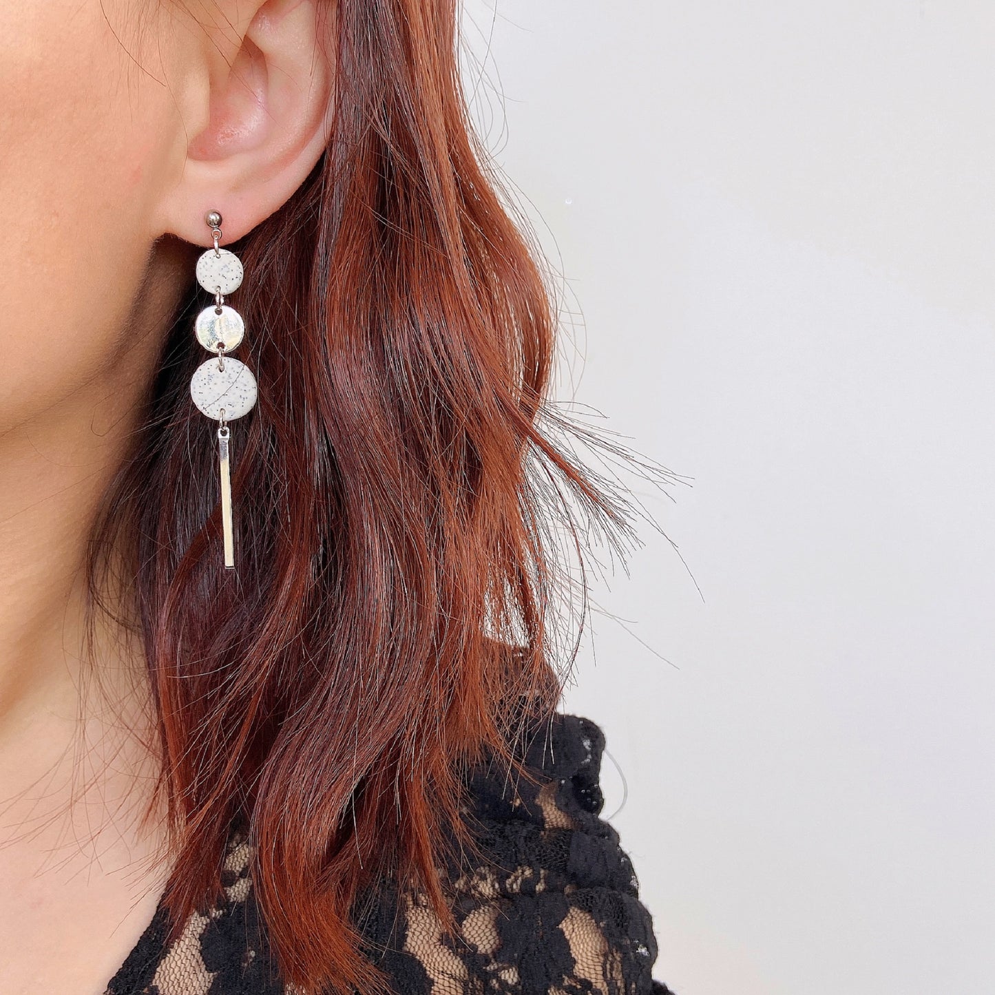 Silver and White Stone Triple Circle Bar Dangle Earrings