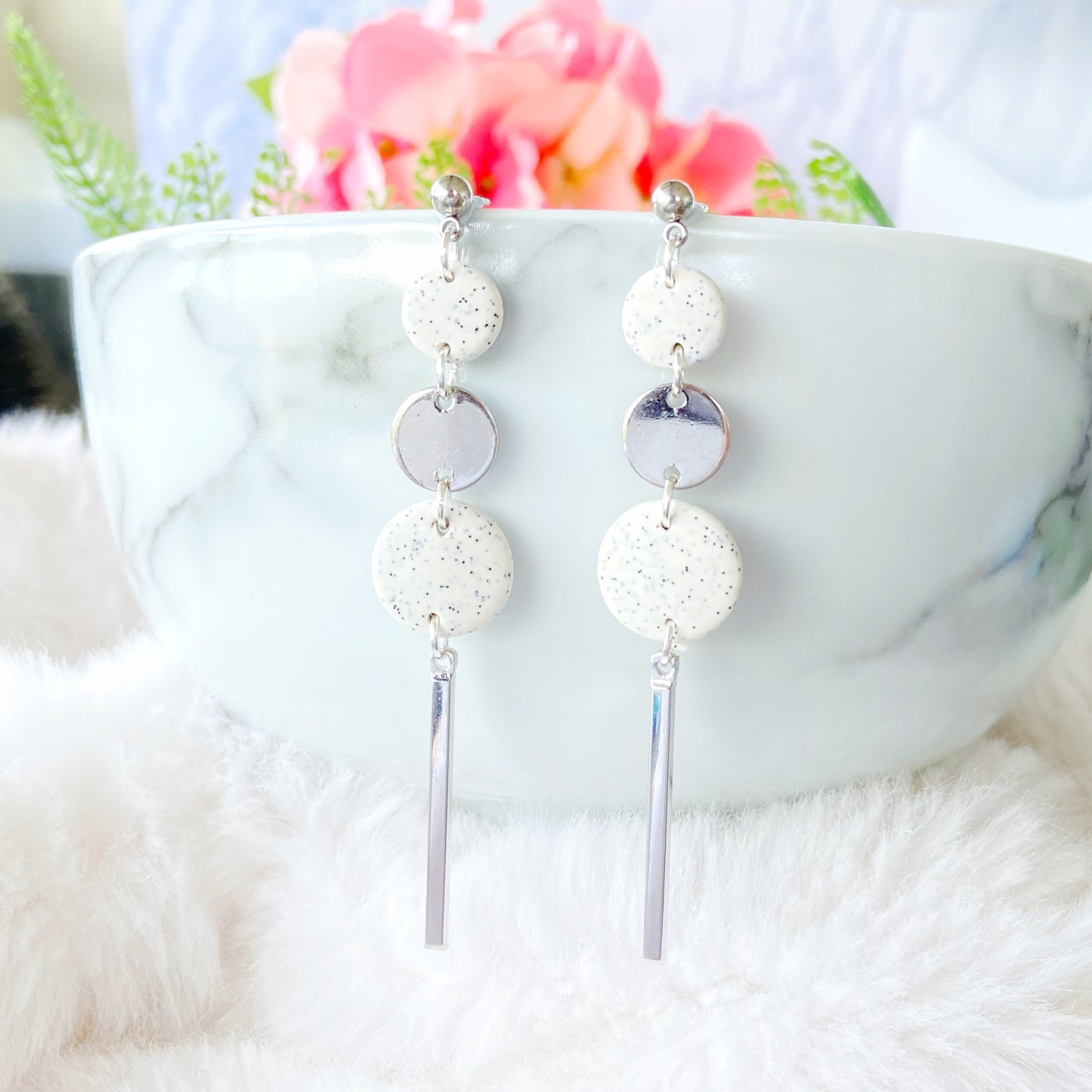 Silver and White Stone Triple Circle Bar Dangle Earrings