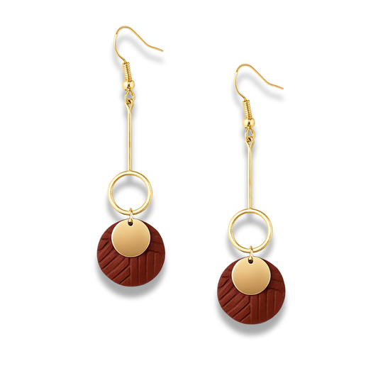 Handmade Clay Textured Disc Dangle Earrings – Gold & Terracotta