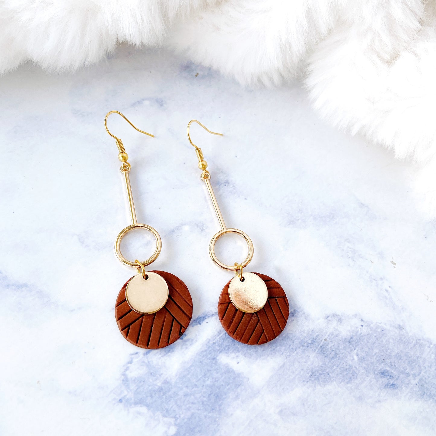 Handmade Clay Textured Disc Dangle Earrings – Gold & Terracotta