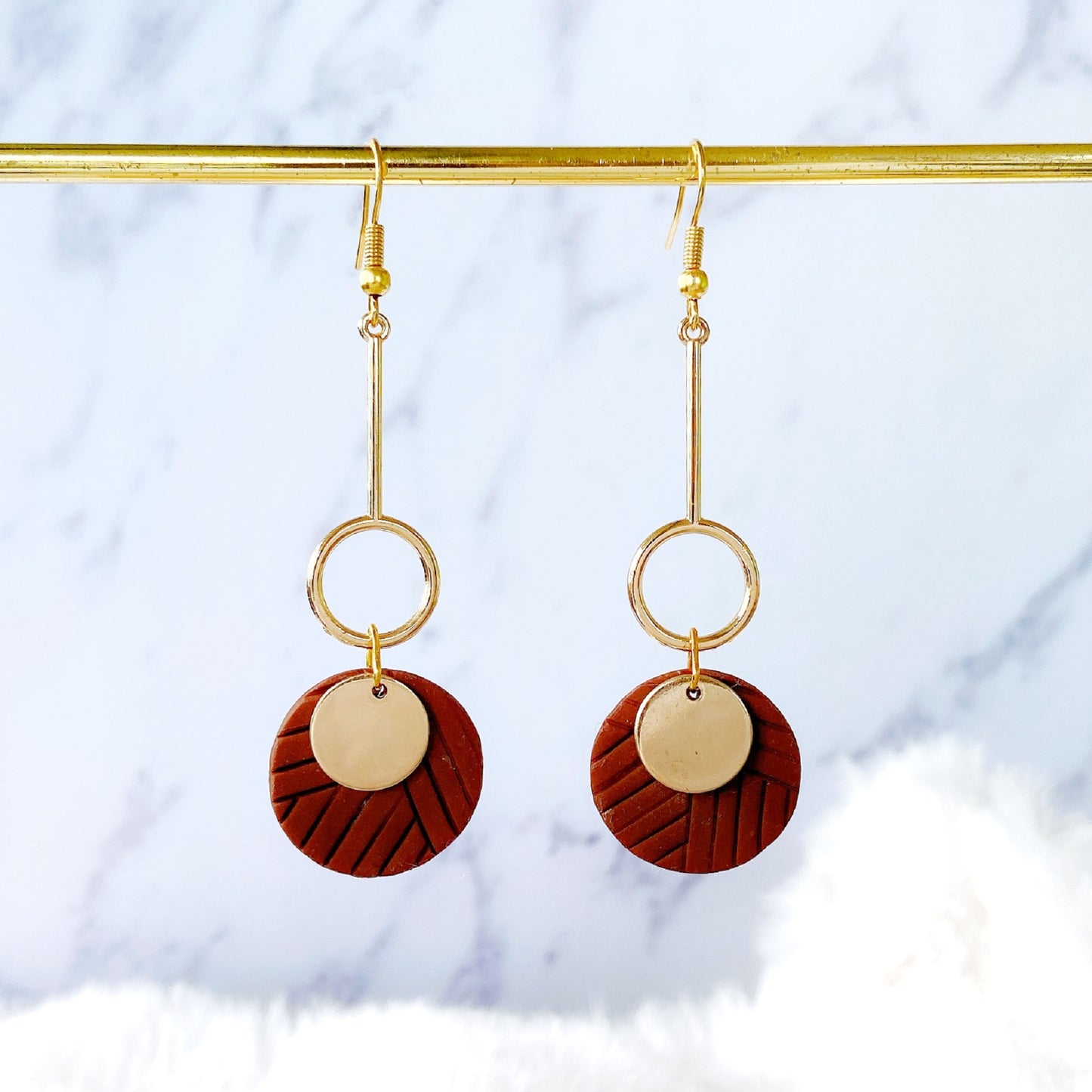 Handmade Clay Textured Disc Dangle Earrings – Gold & Terracotta