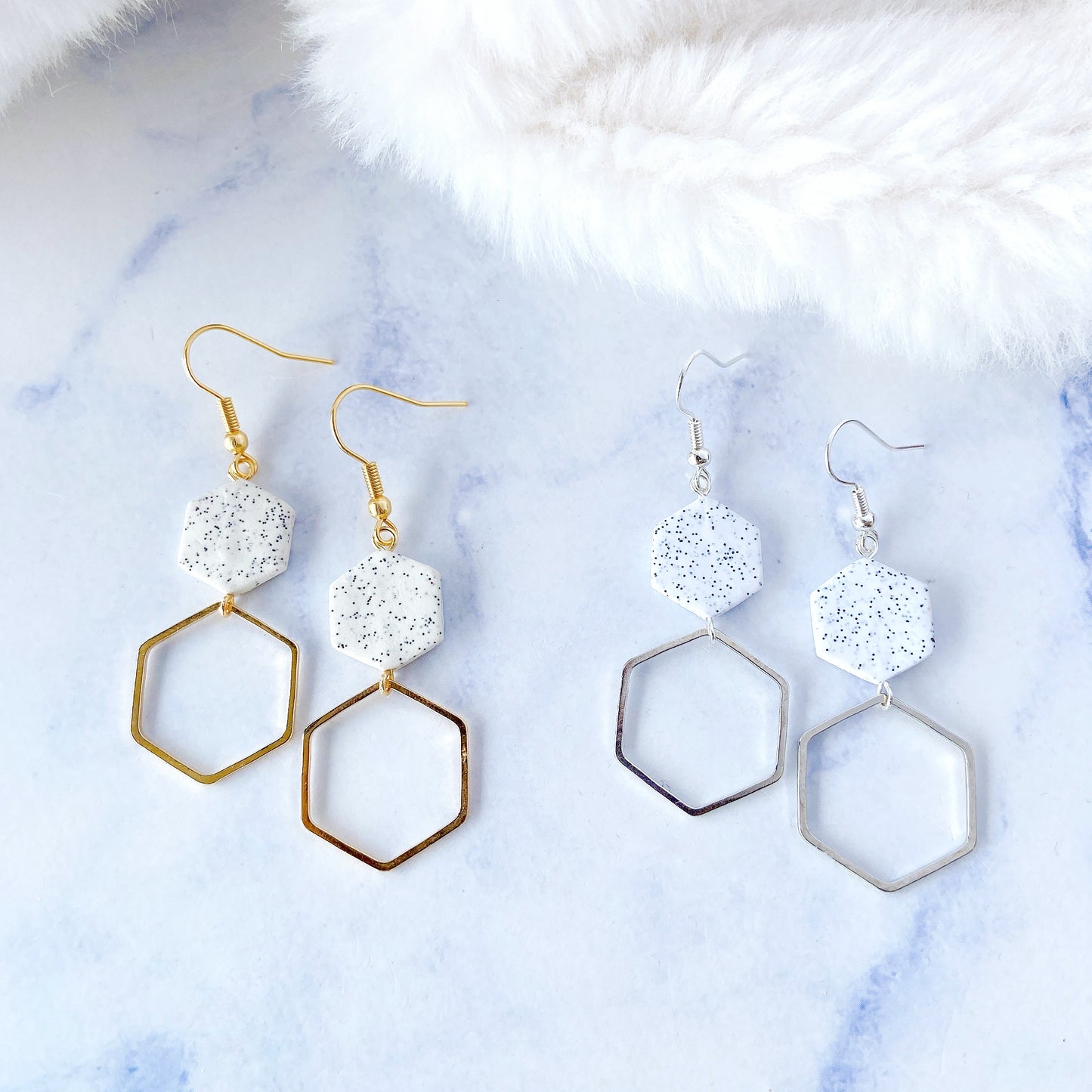 Speckled Hexagon Polymer Clay Earrings with Silver Metal Frame