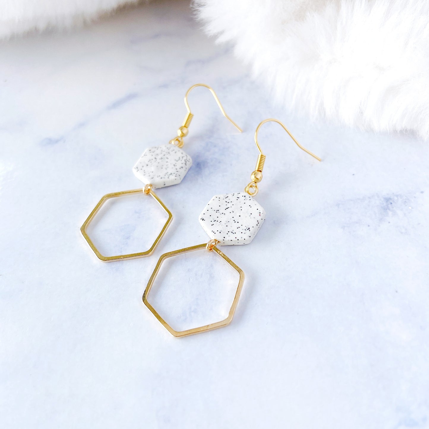 Speckled Hexagon Polymer Clay Earrings with Silver Metal Frame