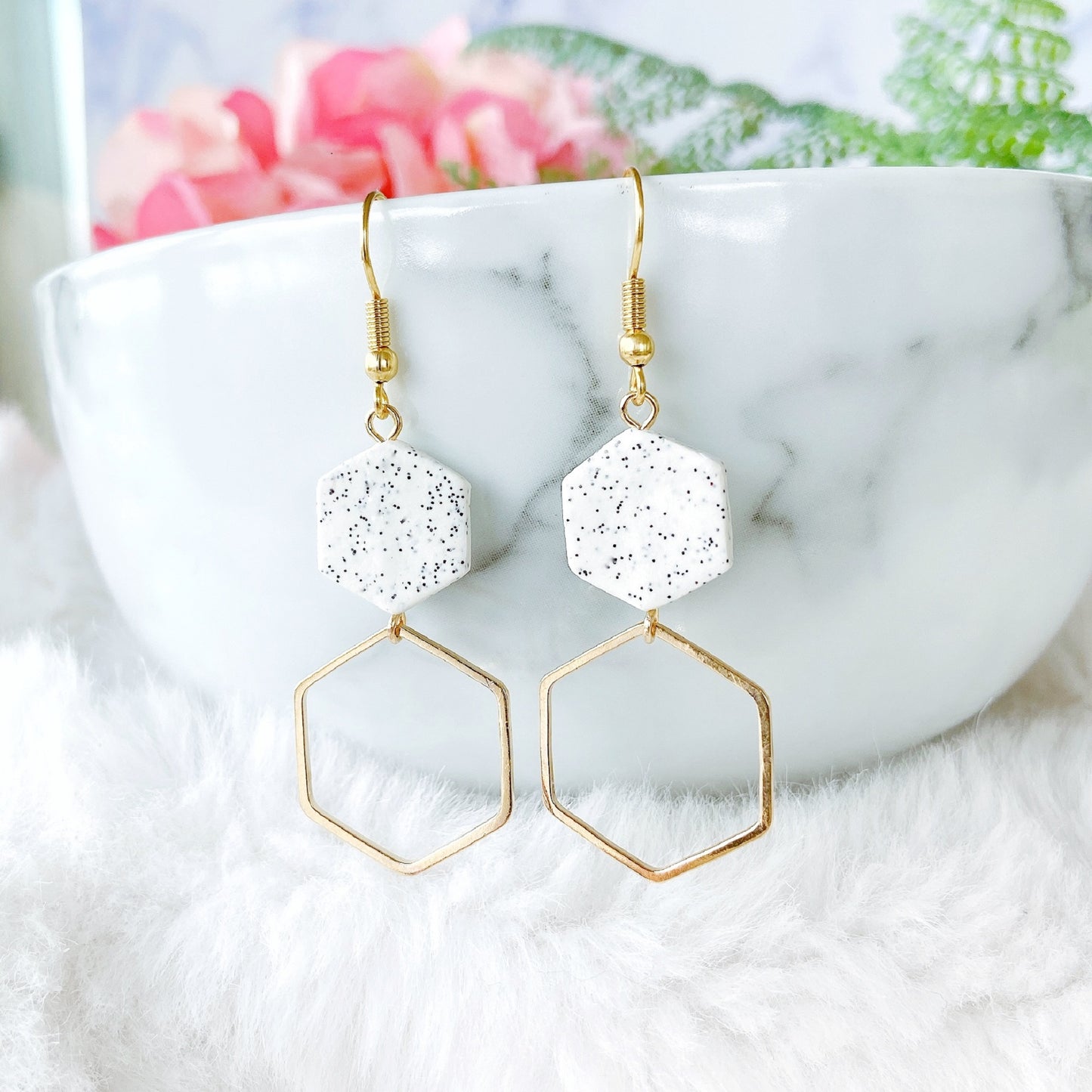 Speckled Hexagon Polymer Clay Earrings with Silver Metal Frame