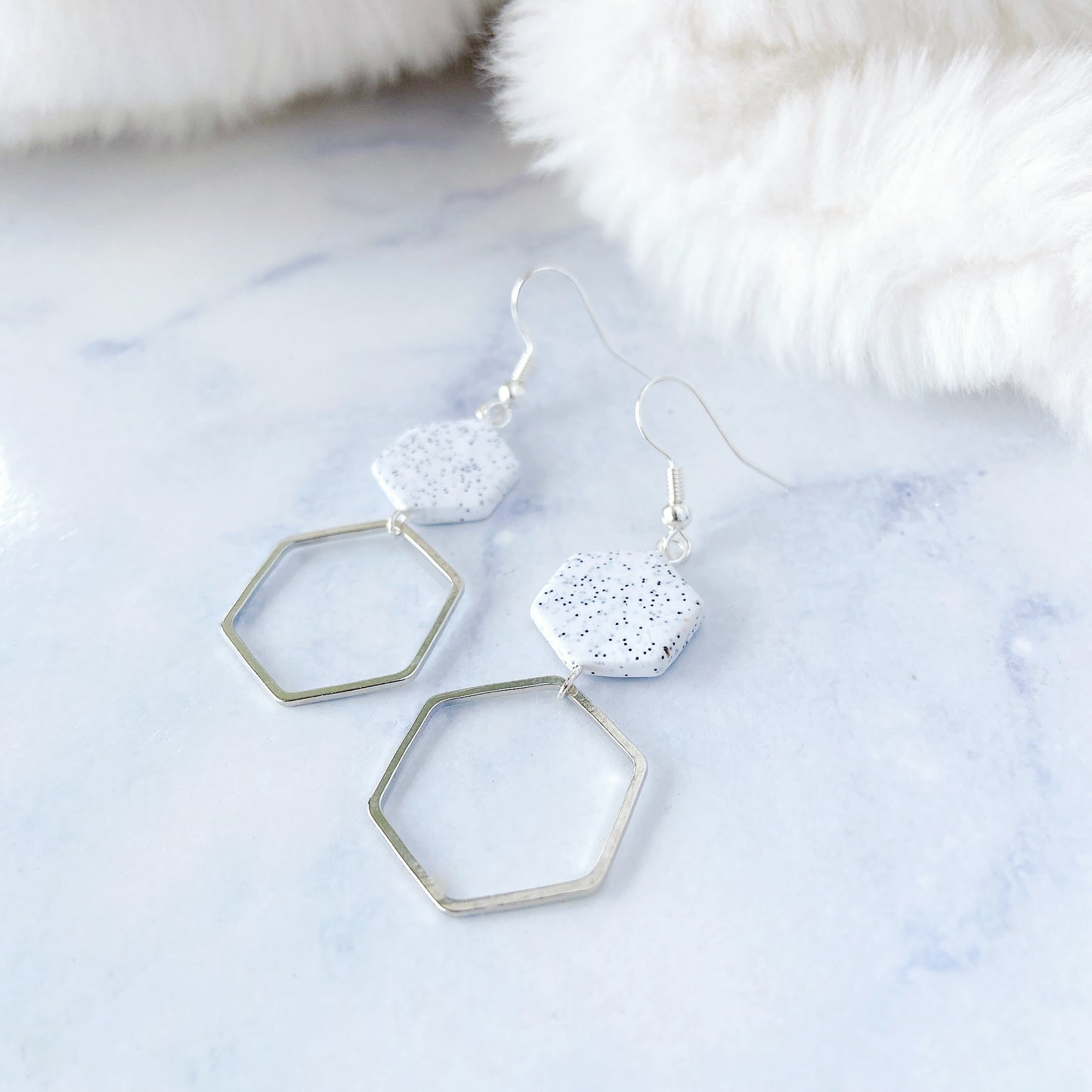 Speckled Hexagon Polymer Clay Earrings with Silver Metal Frame