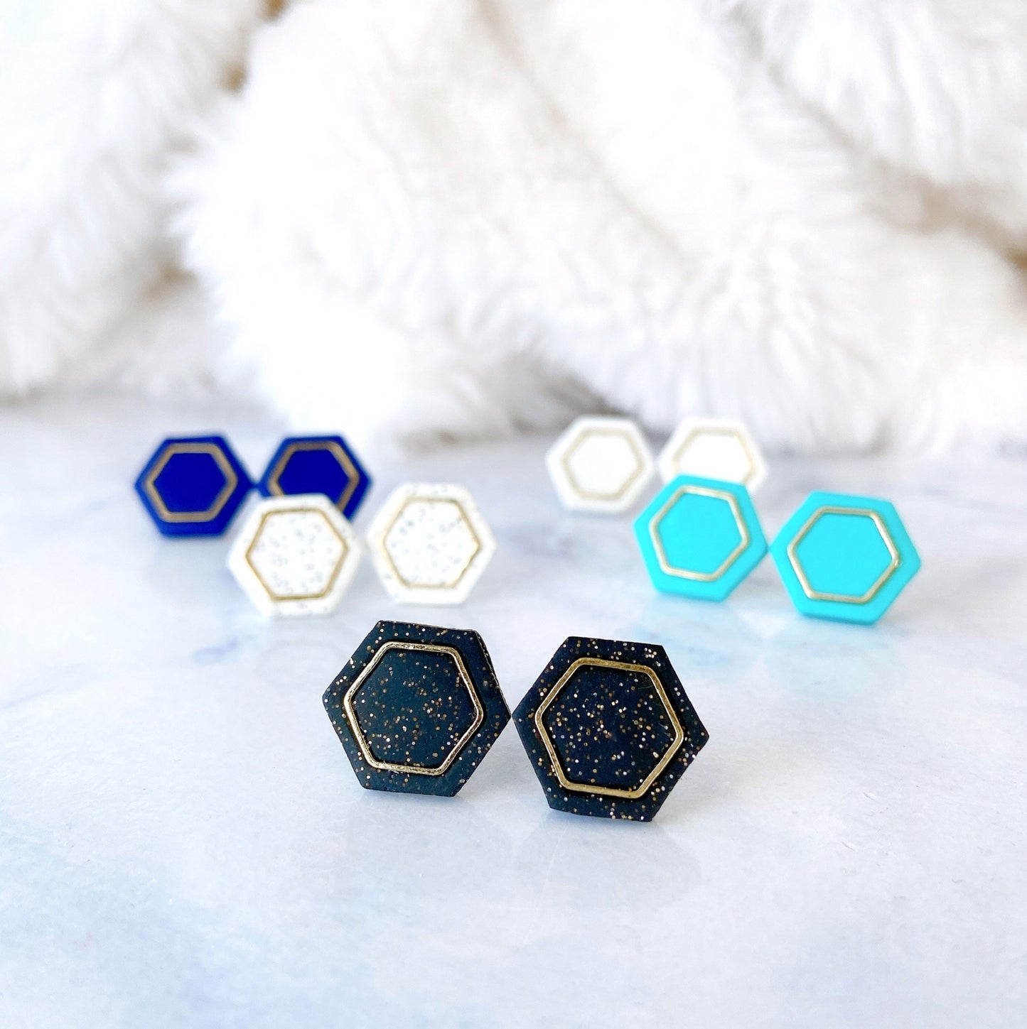 Black With Gold Specks Hexagon Stud Earrings – Metallic Accent Collection