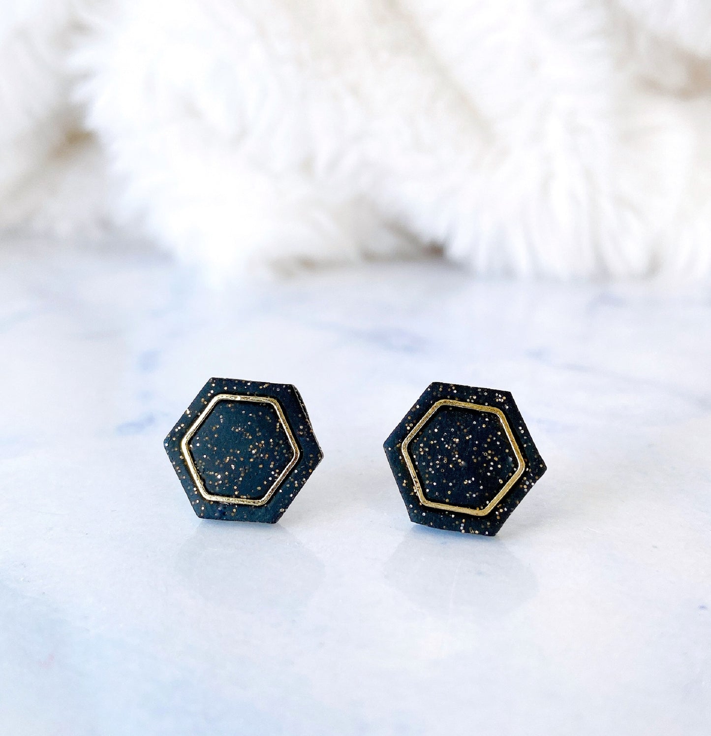 Black With Gold Specks Hexagon Stud Earrings – Metallic Accent Collection