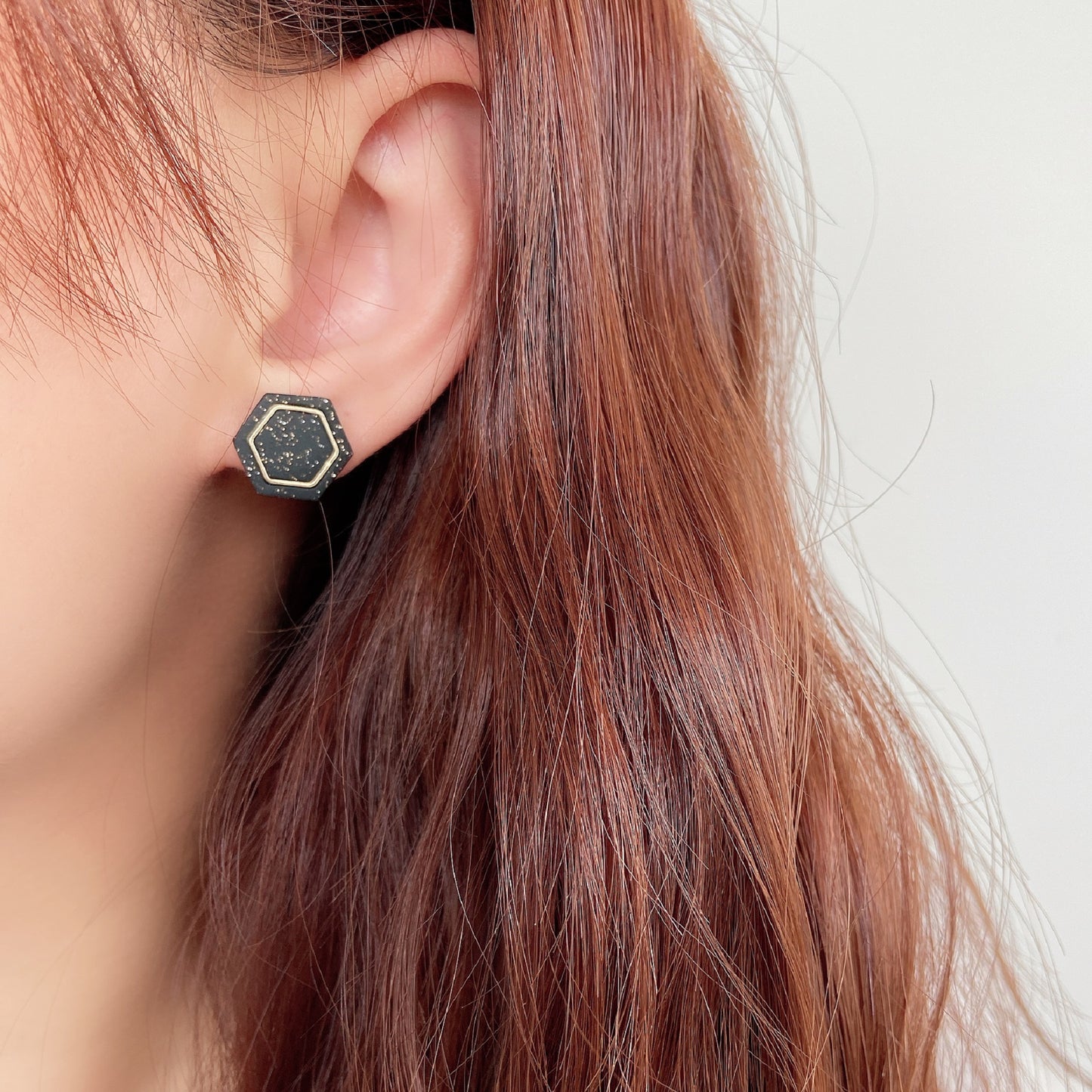 Black With Gold Specks Hexagon Stud Earrings – Metallic Accent Collection