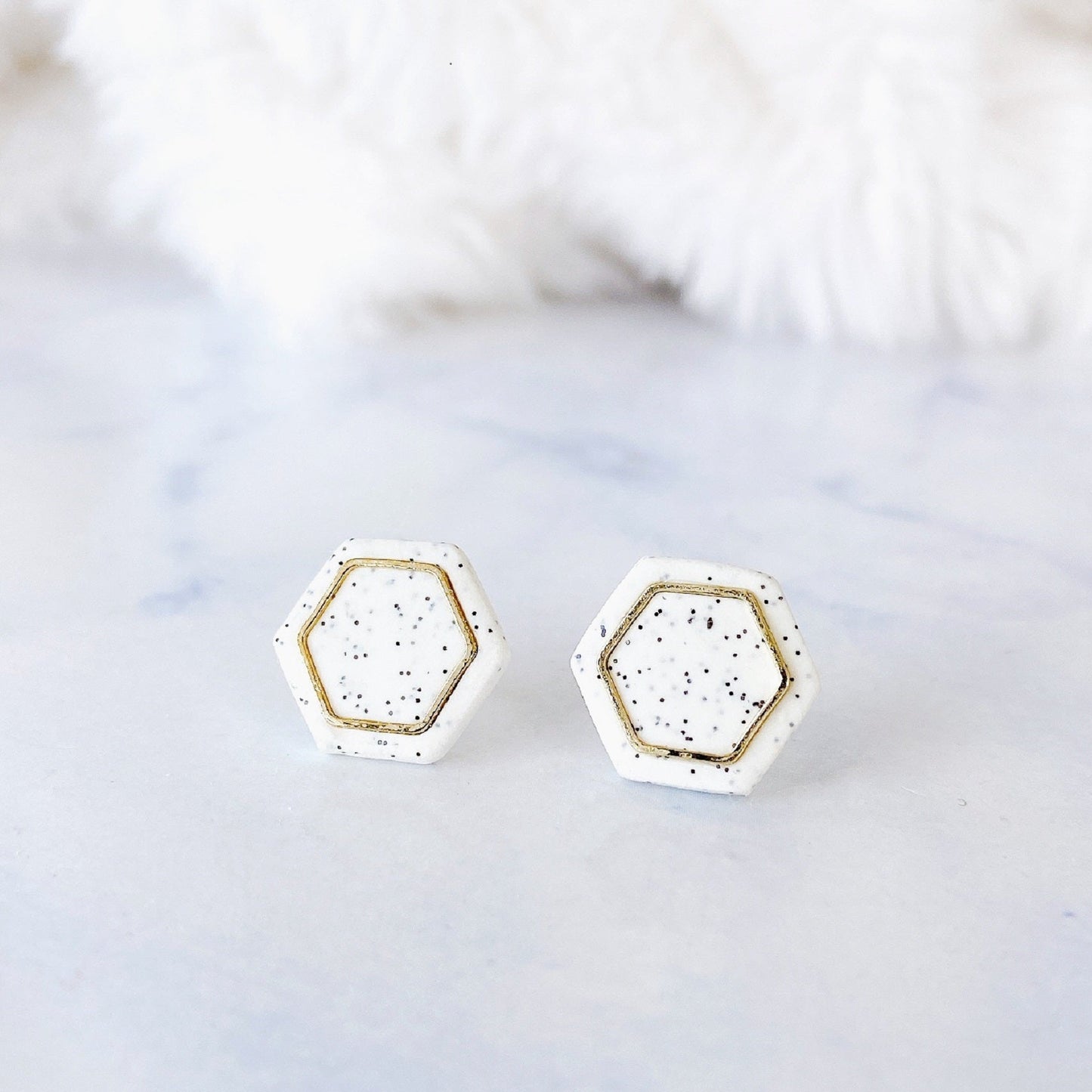 Black With Gold Specks Hexagon Stud Earrings – Metallic Accent Collection