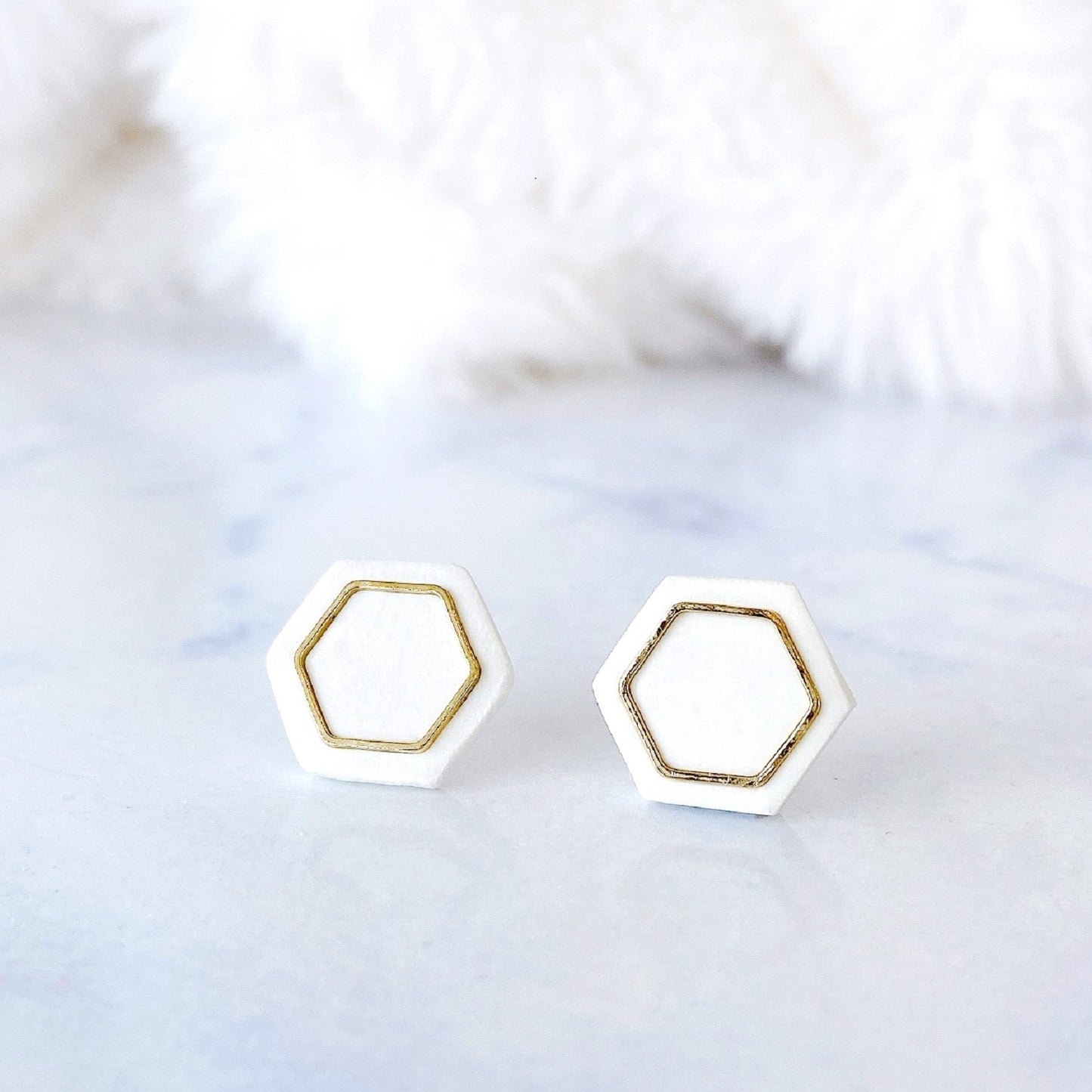 Black With Gold Specks Hexagon Stud Earrings – Metallic Accent Collection