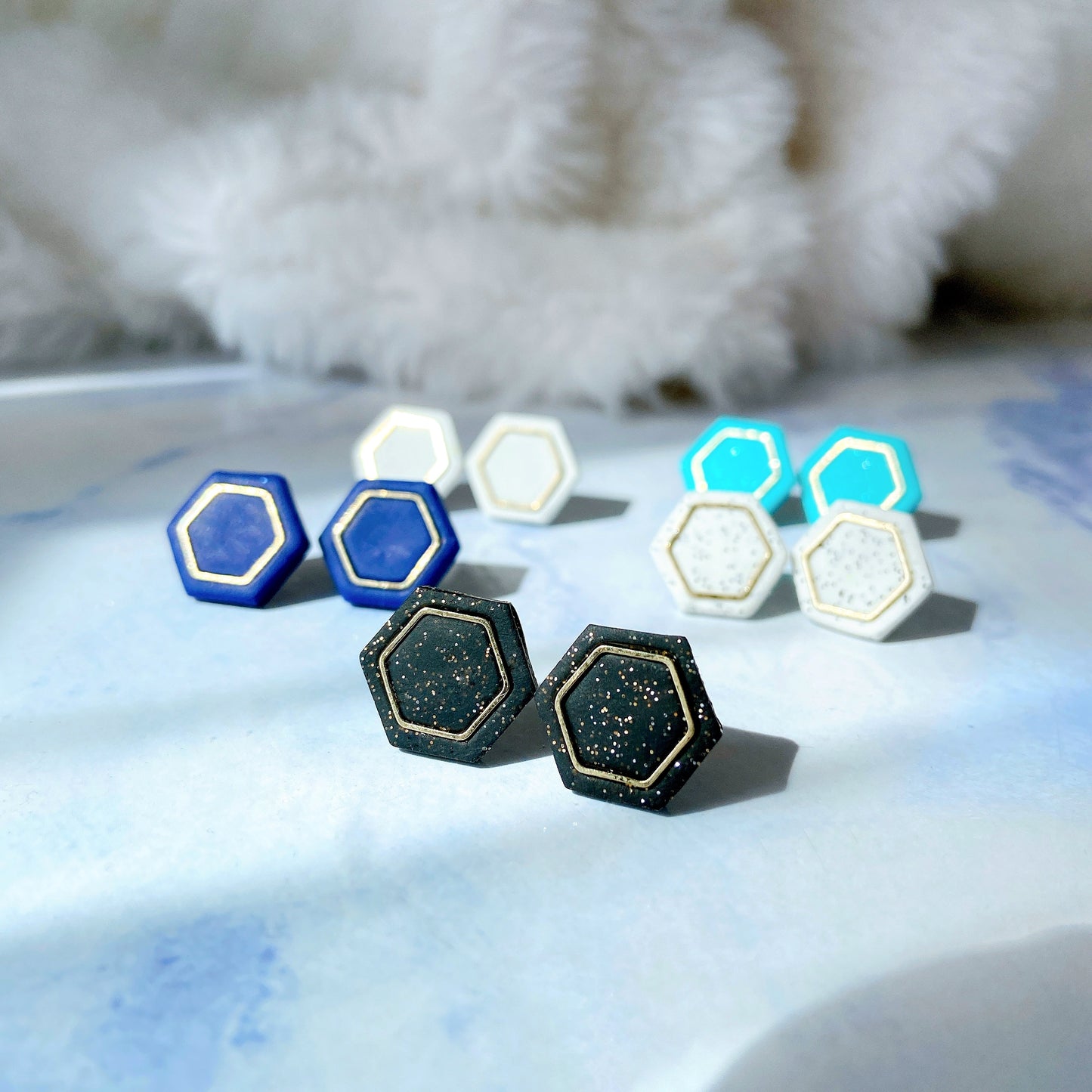 Black With Gold Specks Hexagon Stud Earrings – Metallic Accent Collection