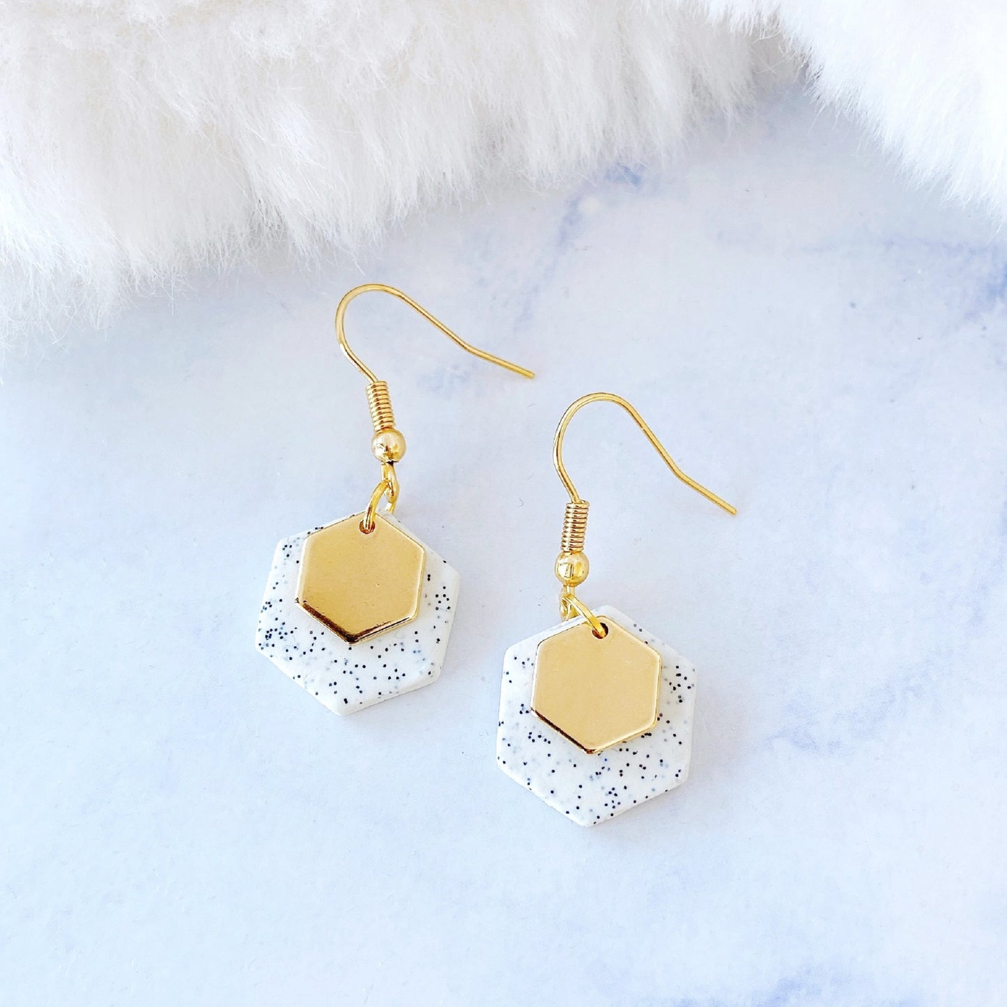 Gold Minimalist Hexagon Polymer Clay Dangle Earrings