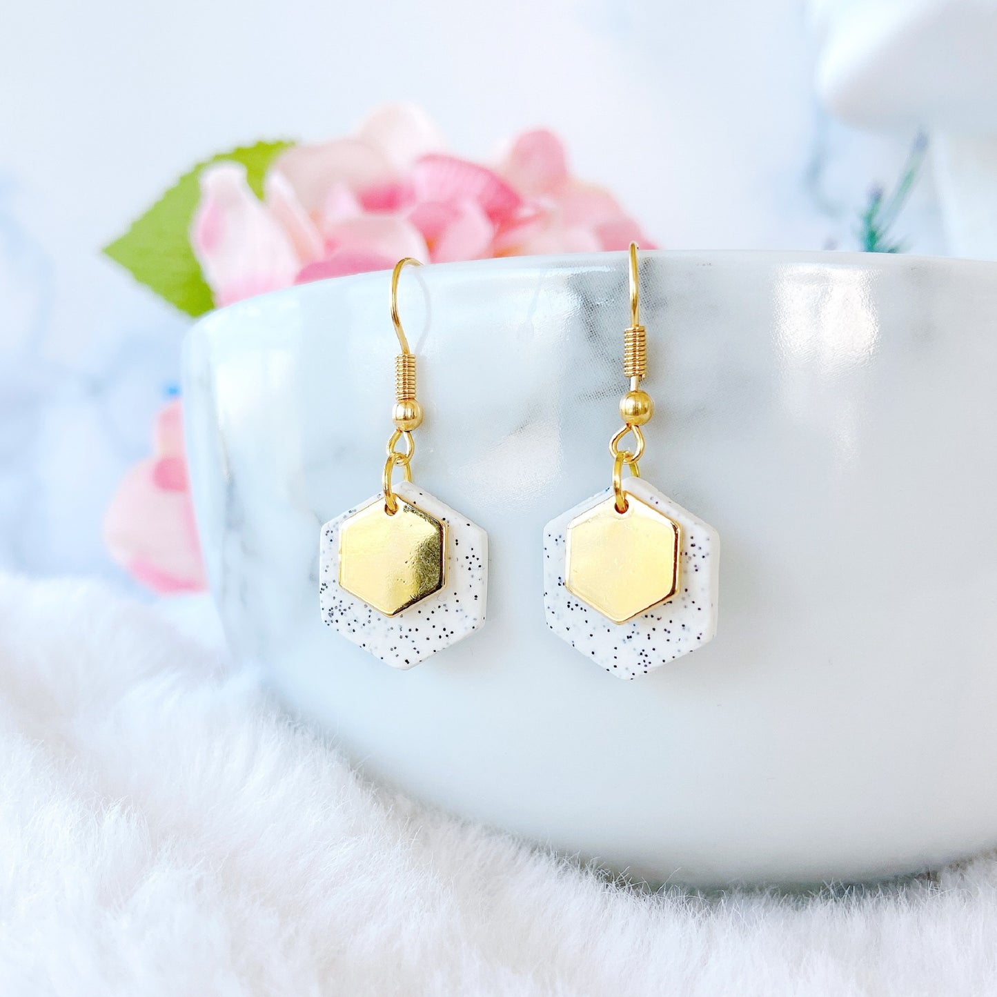 Gold Minimalist Hexagon Polymer Clay Dangle Earrings