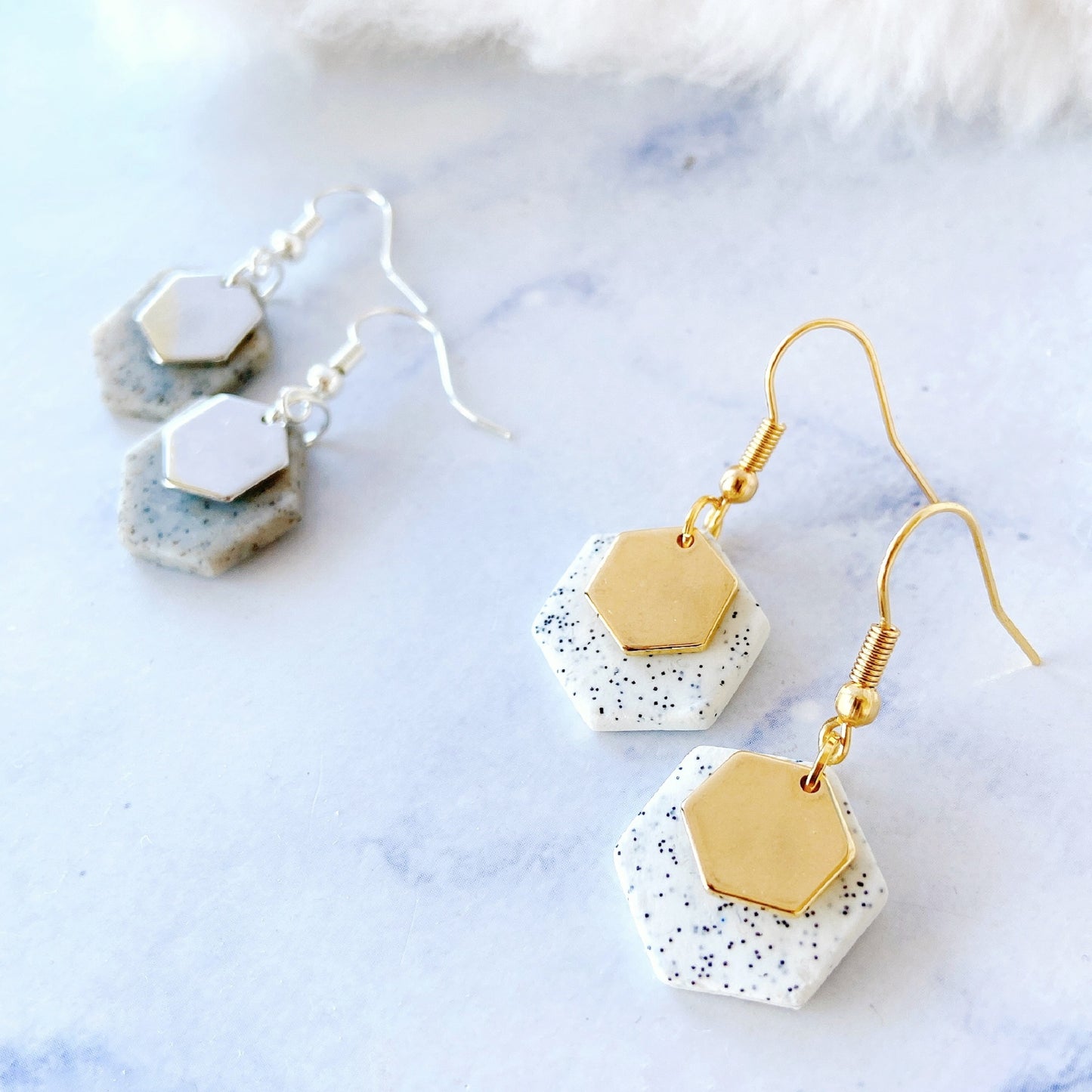 Gold Minimalist Hexagon Polymer Clay Dangle Earrings