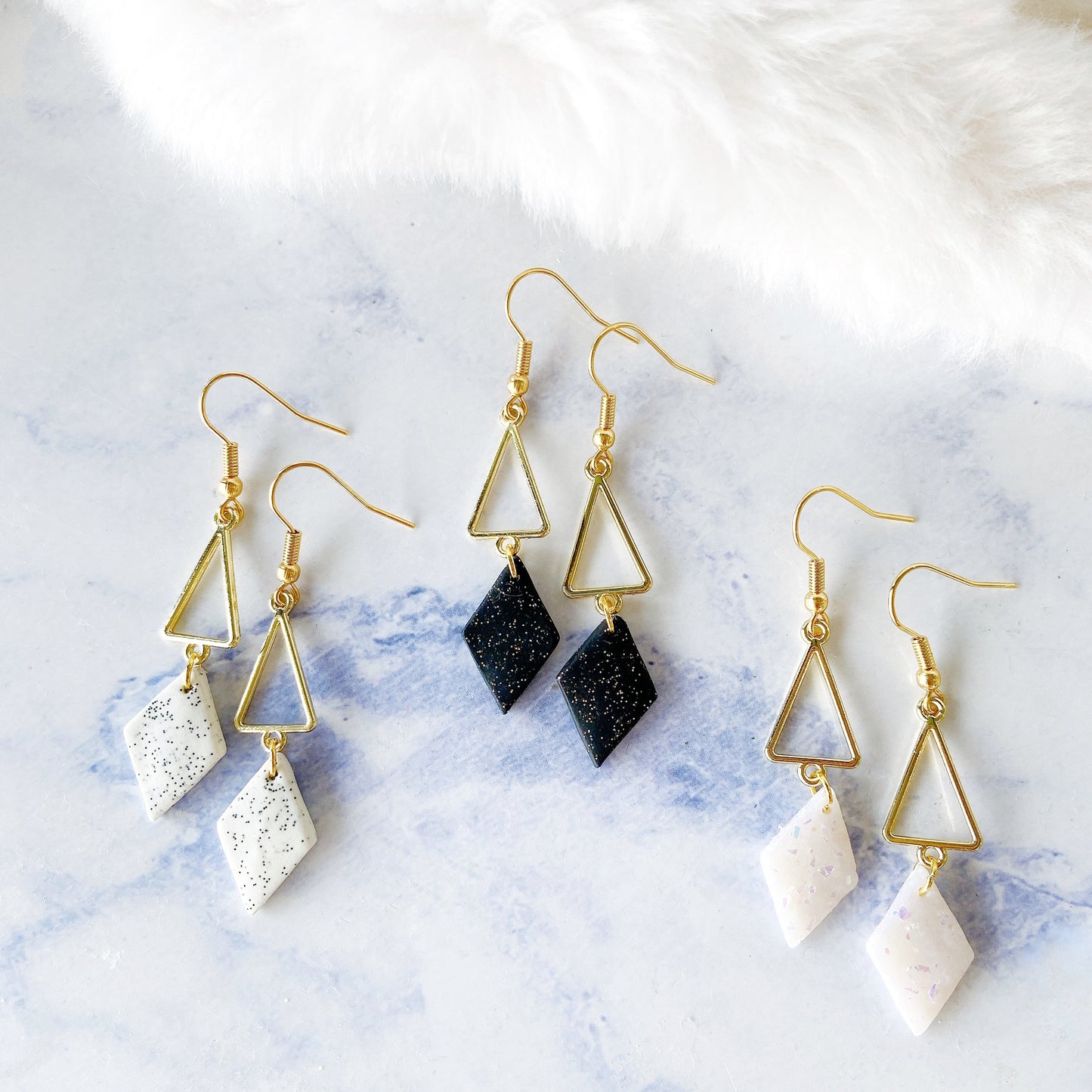 White Stone Polymer Clay with Golden Geometric Triangle Dangle Earrings