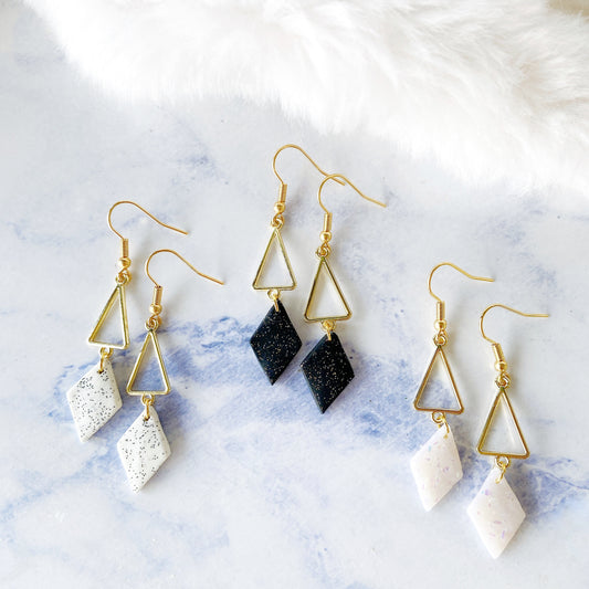 White Stone Polymer Clay with Golden Geometric Triangle Dangle Earrings