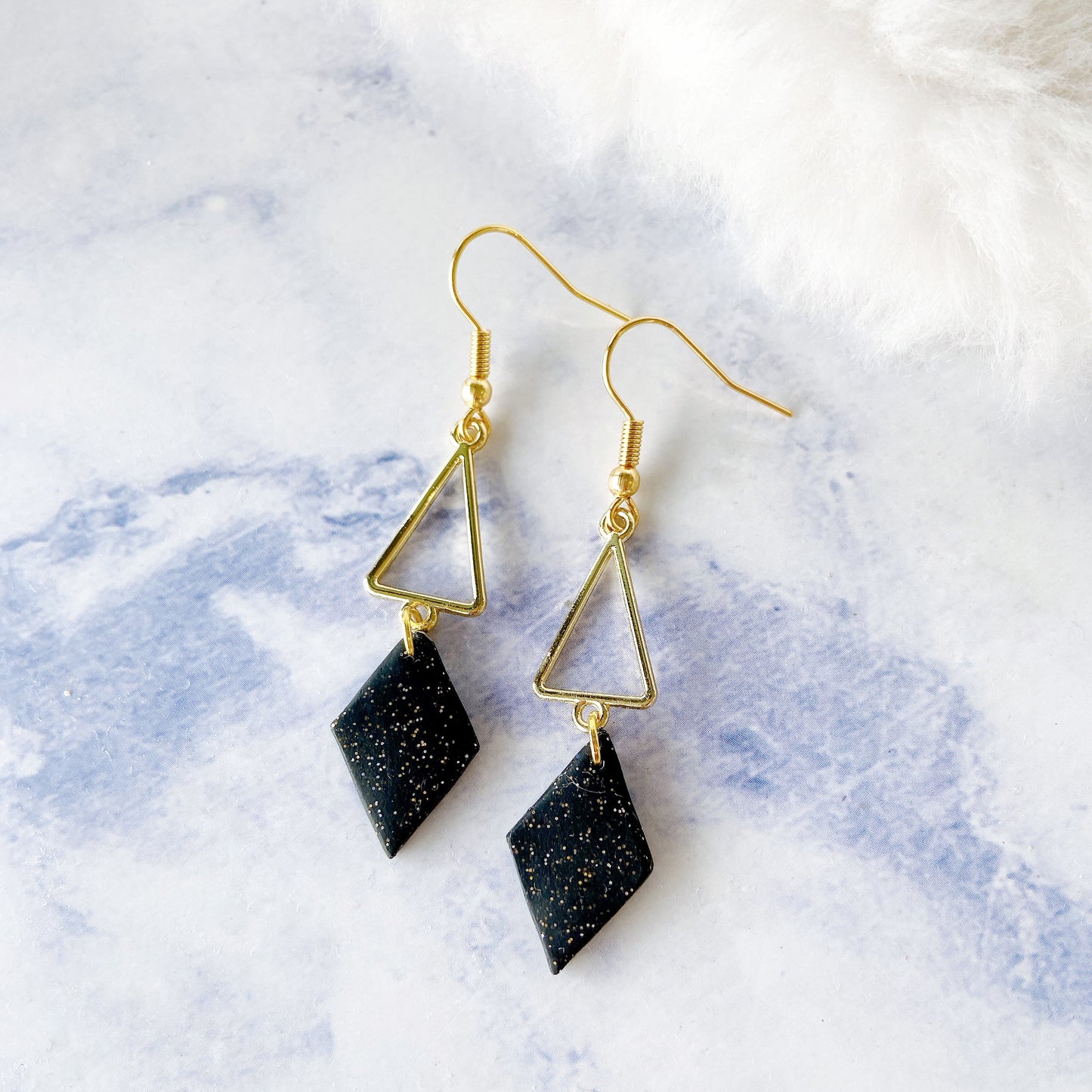 White Stone Polymer Clay with Golden Geometric Triangle Dangle Earrings