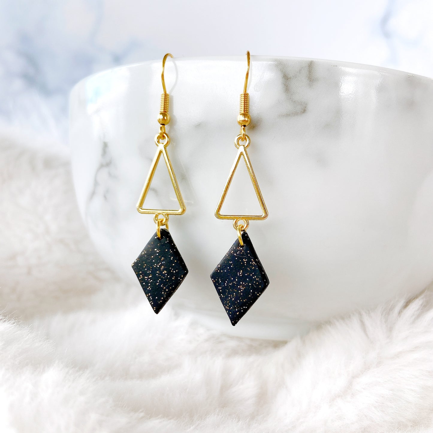 White Stone Polymer Clay with Golden Geometric Triangle Dangle Earrings
