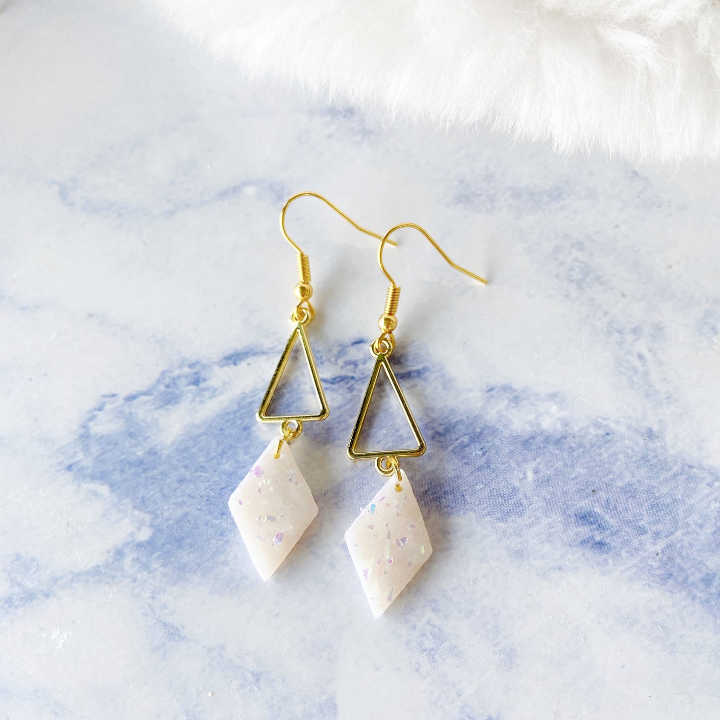 White Stone Polymer Clay with Golden Geometric Triangle Dangle Earrings
