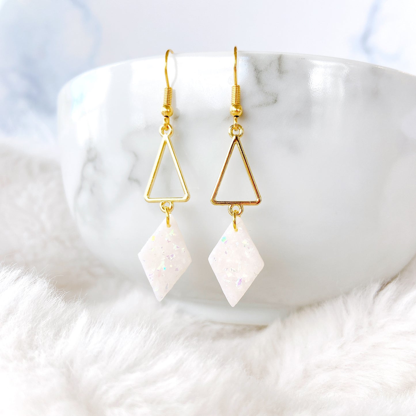 White Stone Polymer Clay with Golden Geometric Triangle Dangle Earrings