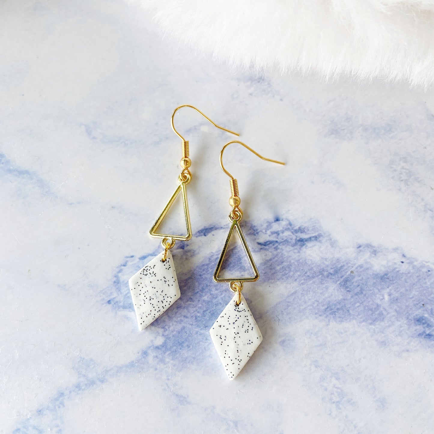 White Stone Polymer Clay with Golden Geometric Triangle Dangle Earrings
