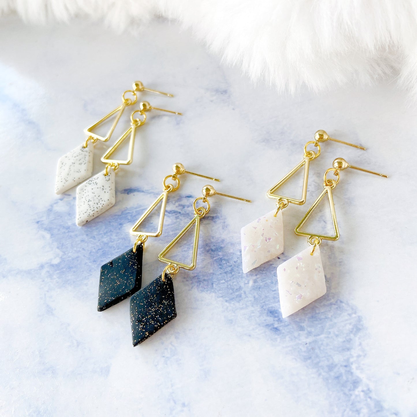 White Stone Polymer Clay with Golden Geometric Triangle Dangle Earrings
