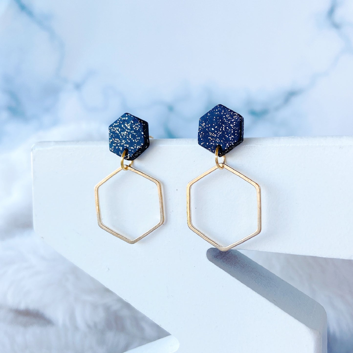 Grey Stone and Silver Hexagon Double Drop Earrings – Minimalist Geometric Collection