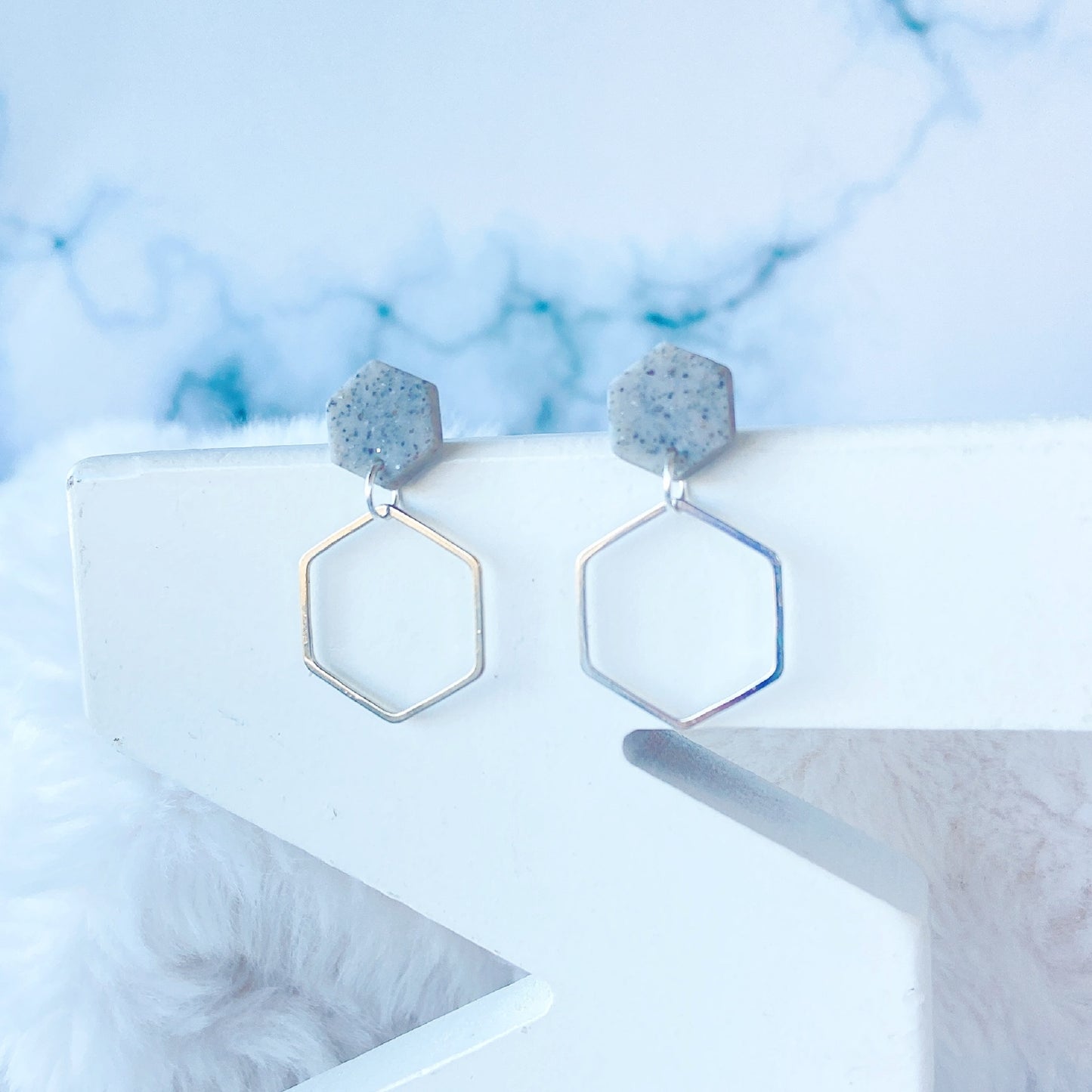 Grey Stone and Silver Hexagon Double Drop Earrings – Minimalist Geometric Collection