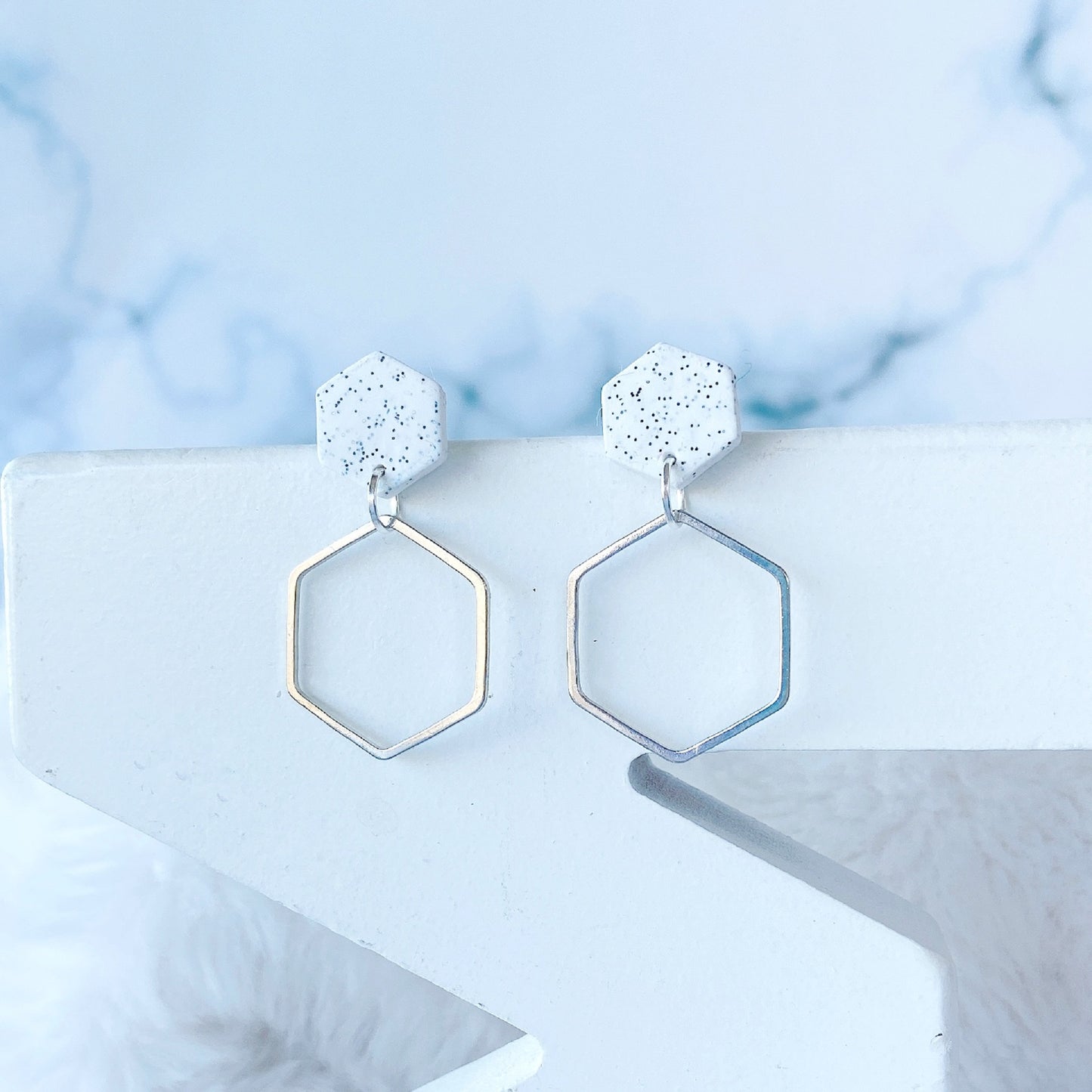 Grey Stone and Silver Hexagon Double Drop Earrings – Minimalist Geometric Collection