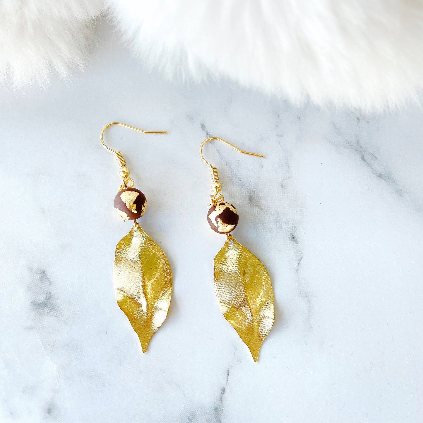 Gold Leaf Drop Earrings with Marble Clay Beads