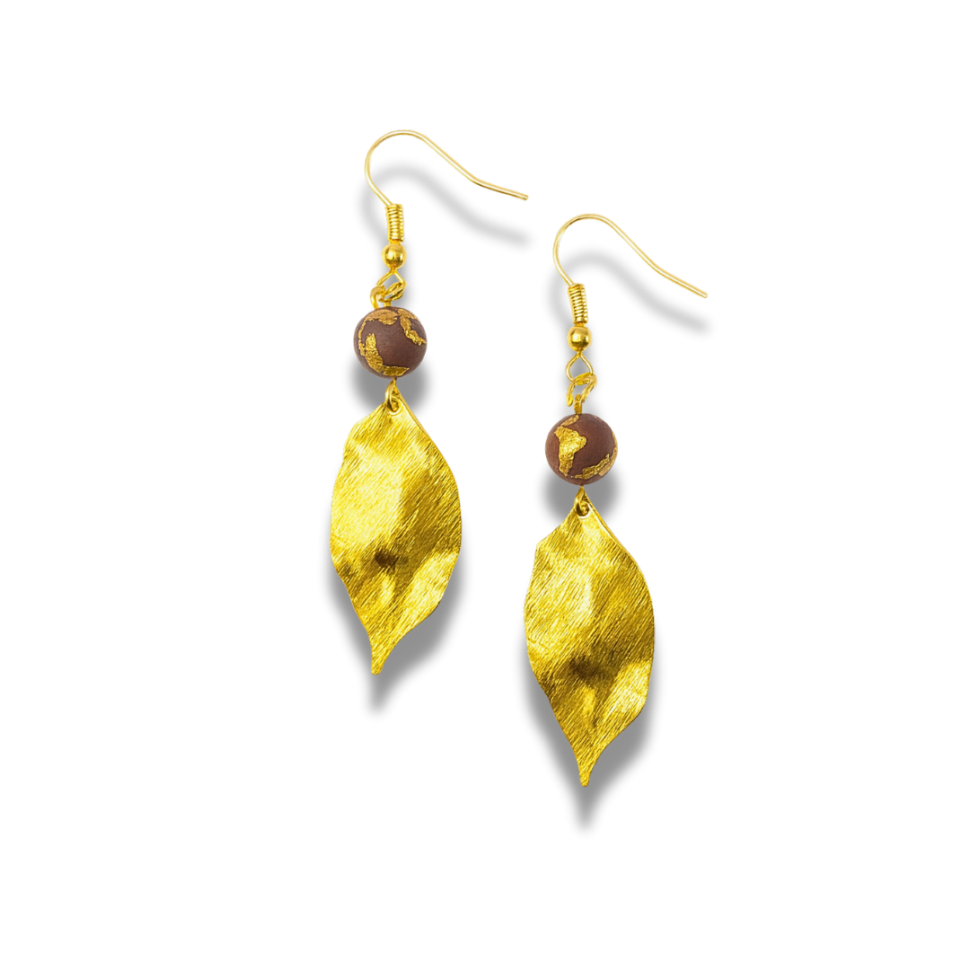 Gold Leaf Drop Earrings with Marble Clay Beads