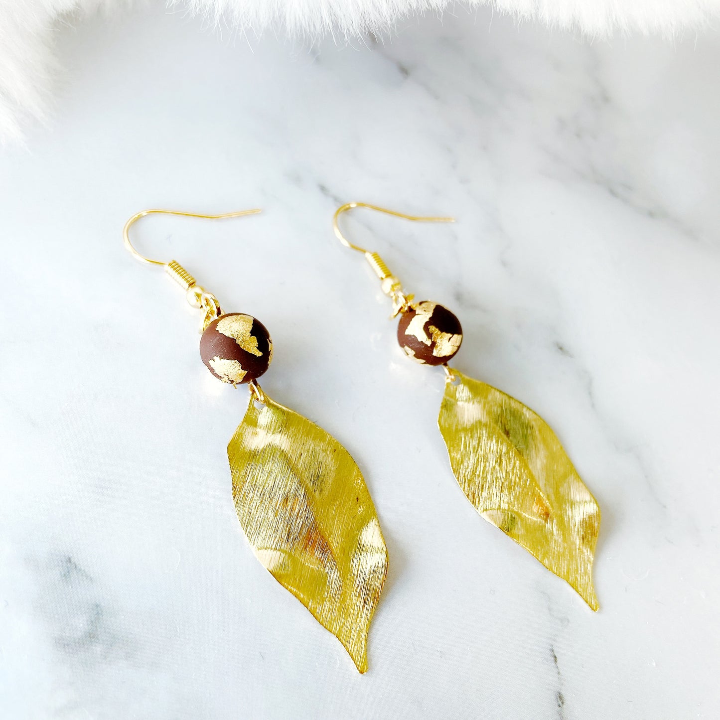 Gold Leaf Drop Earrings with Marble Clay Beads