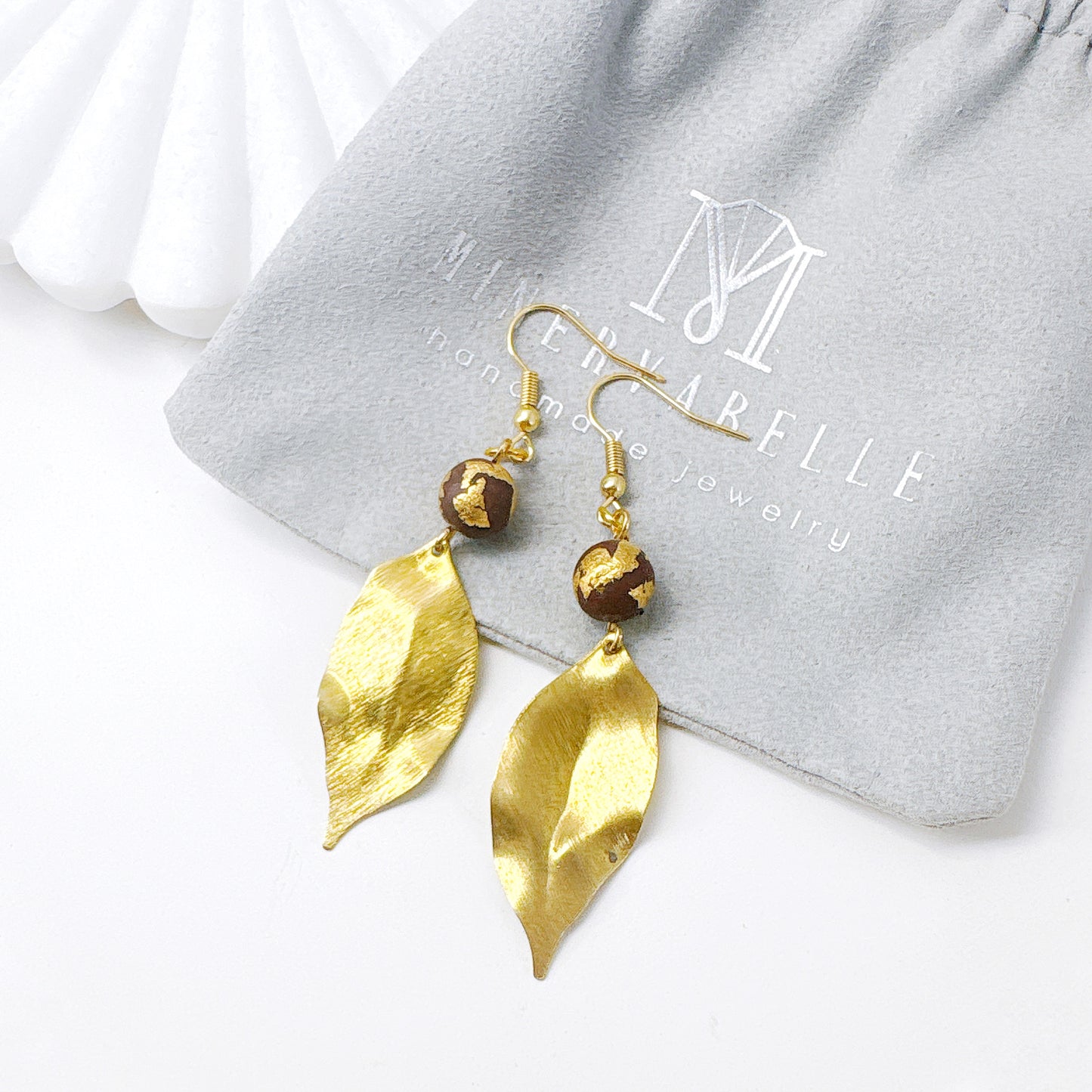 Gold Leaf Drop Earrings with Marble Clay Beads