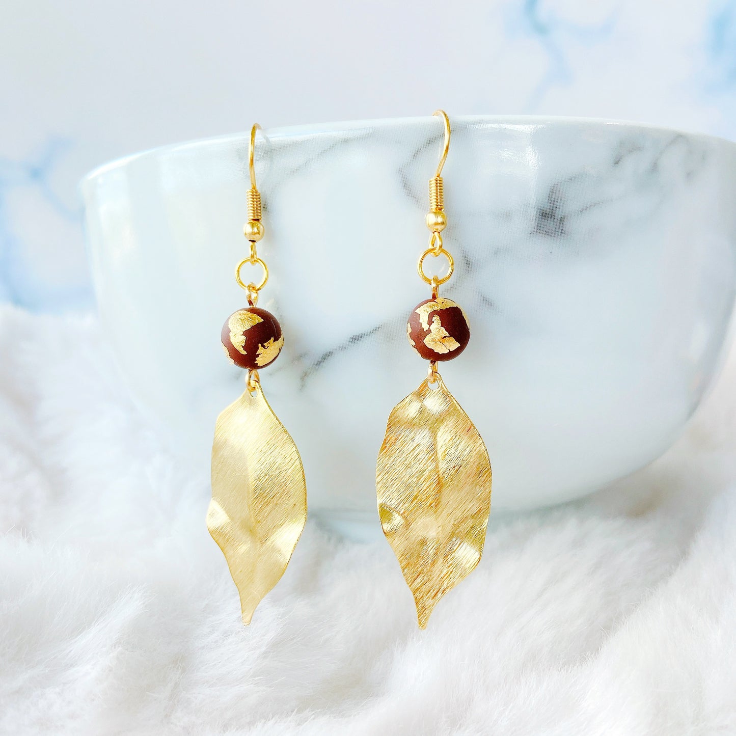 Gold Leaf Drop Earrings with Marble Clay Beads