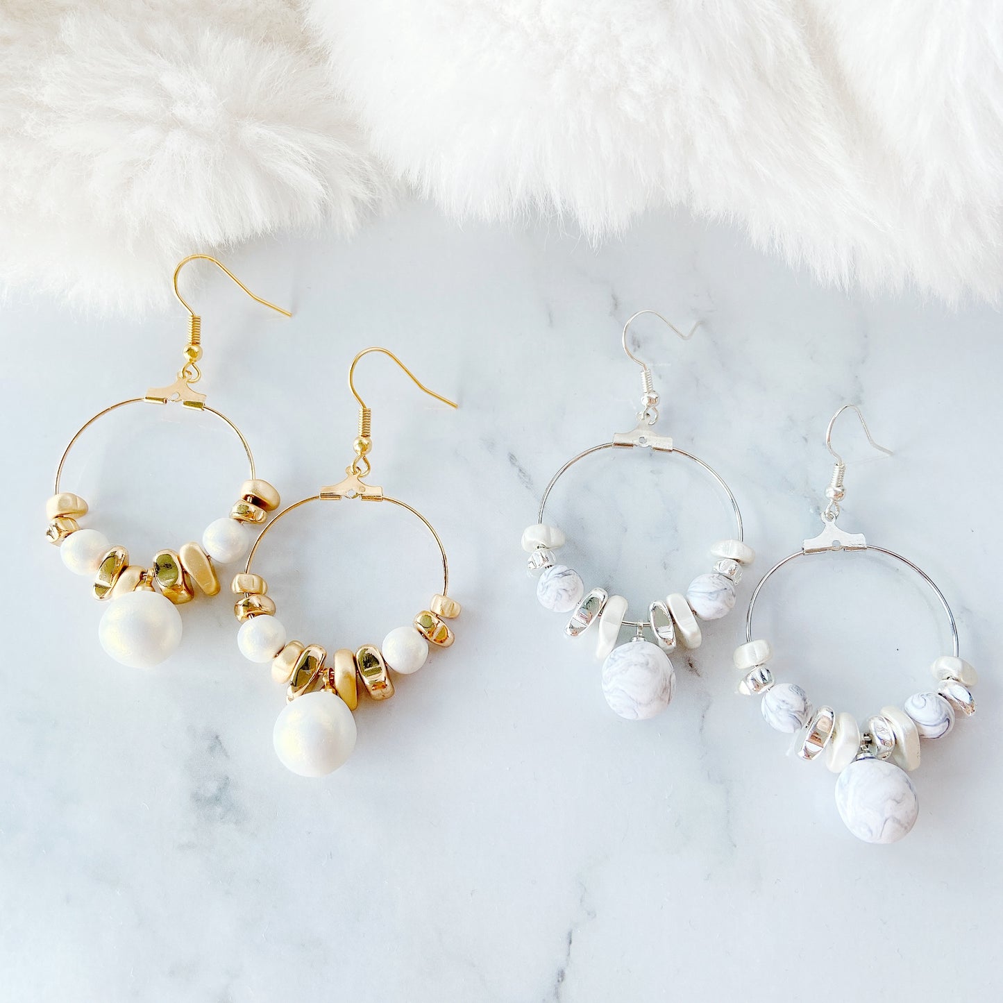 Golden Marble Bead Hoop Earrings – Elegant Minimalist Collection
