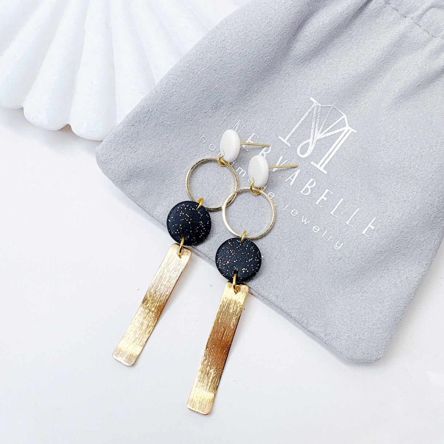 Golden Wave Glitter Black Polymer Clay Surgical Steel Dangle Earrings