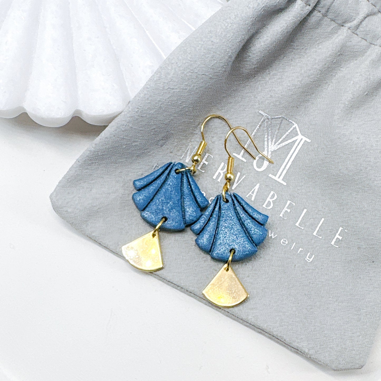 White Handmade Polymer Clay Fan Earrings with Polished Silver Metal Accent