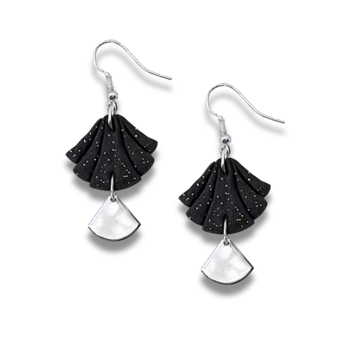 White Handmade Polymer Clay Fan Earrings with Polished Silver Metal Accent