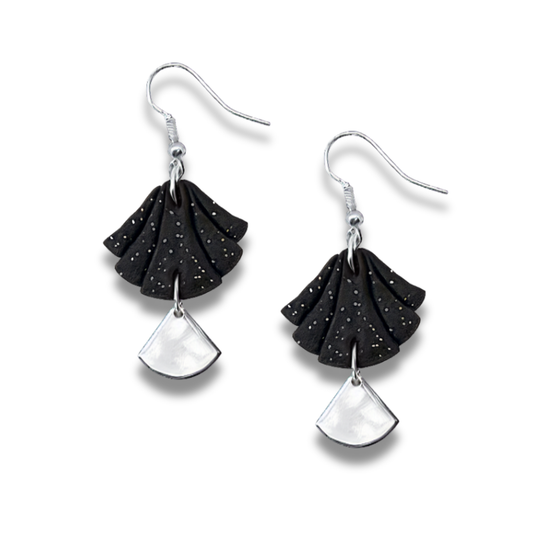 Glitter Black Handmade Polymer Clay Fan Earrings with Polished Silver Metal Accent