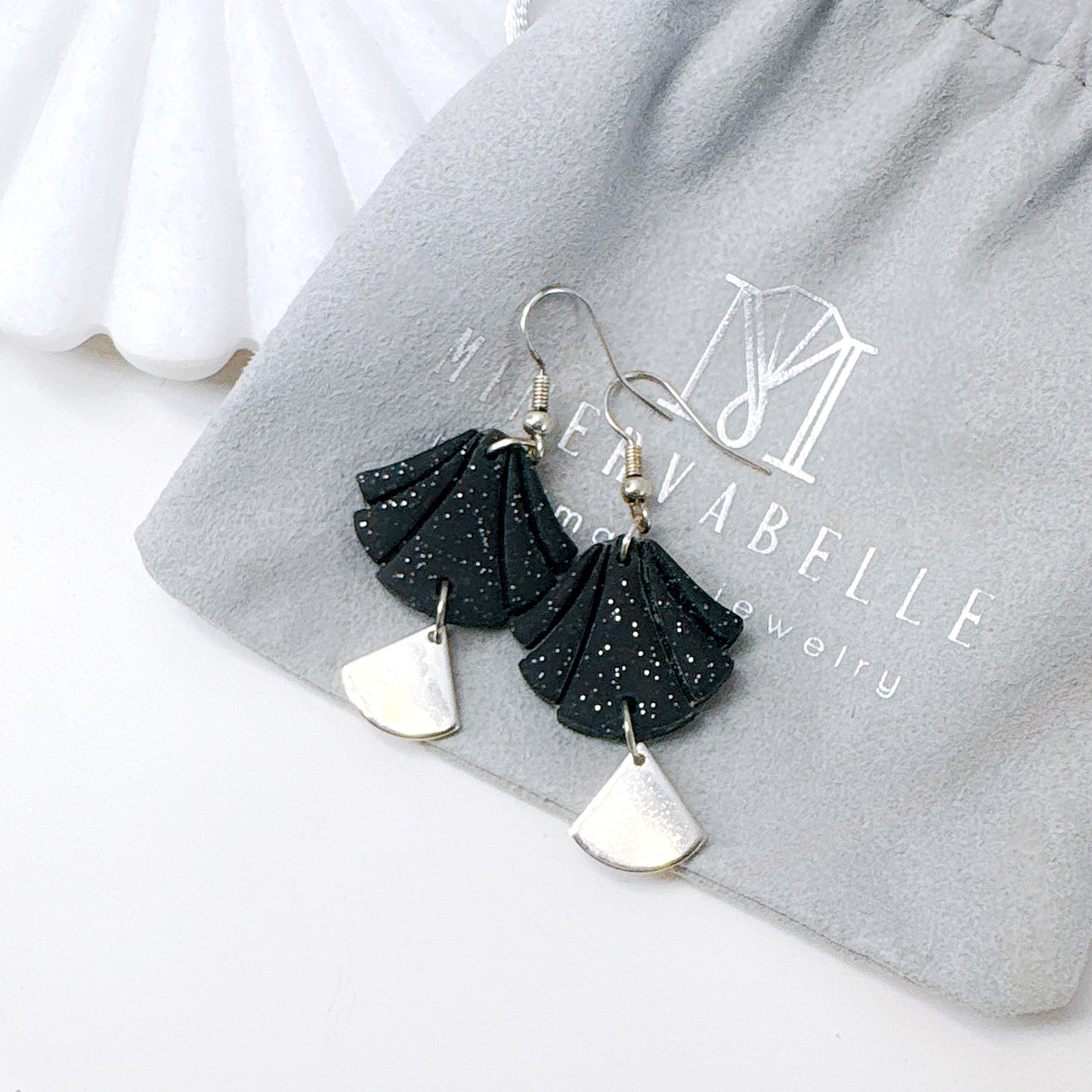 White Handmade Polymer Clay Fan Earrings with Polished Silver Metal Accent