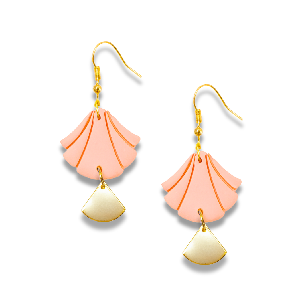 White Handmade Polymer Clay Fan Earrings with Polished Silver Metal Accent