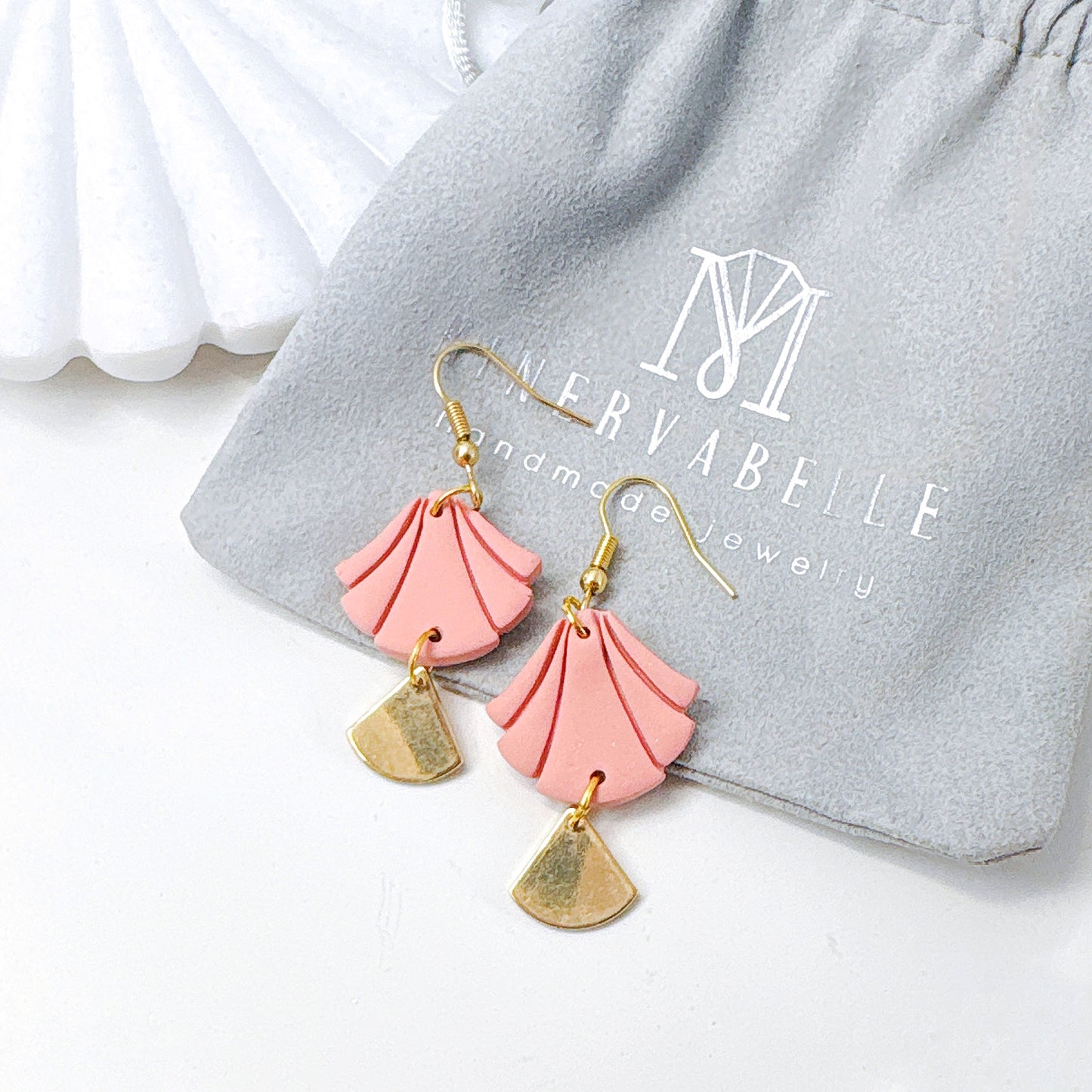 White Handmade Polymer Clay Fan Earrings with Polished Silver Metal Accent